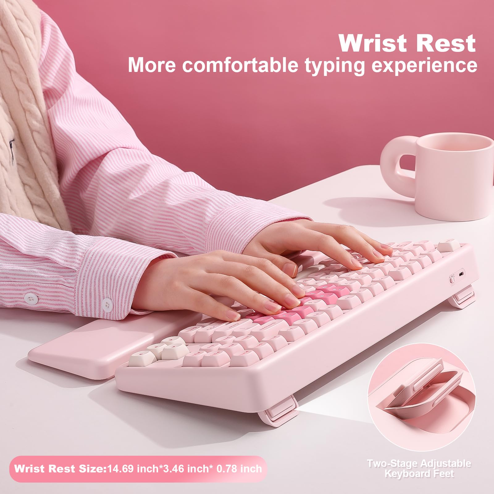 YUNZII B87 Teclado Mecánico Inalámbrico, QMK/Via Custom Teclado de Juego TKL Diseños,BT/2.4G/USB-C Teclado Enchufable En Caliente, Teclado RGB con Wrist Rest para Win/Mac (Pink, Cocoa Cream v2)