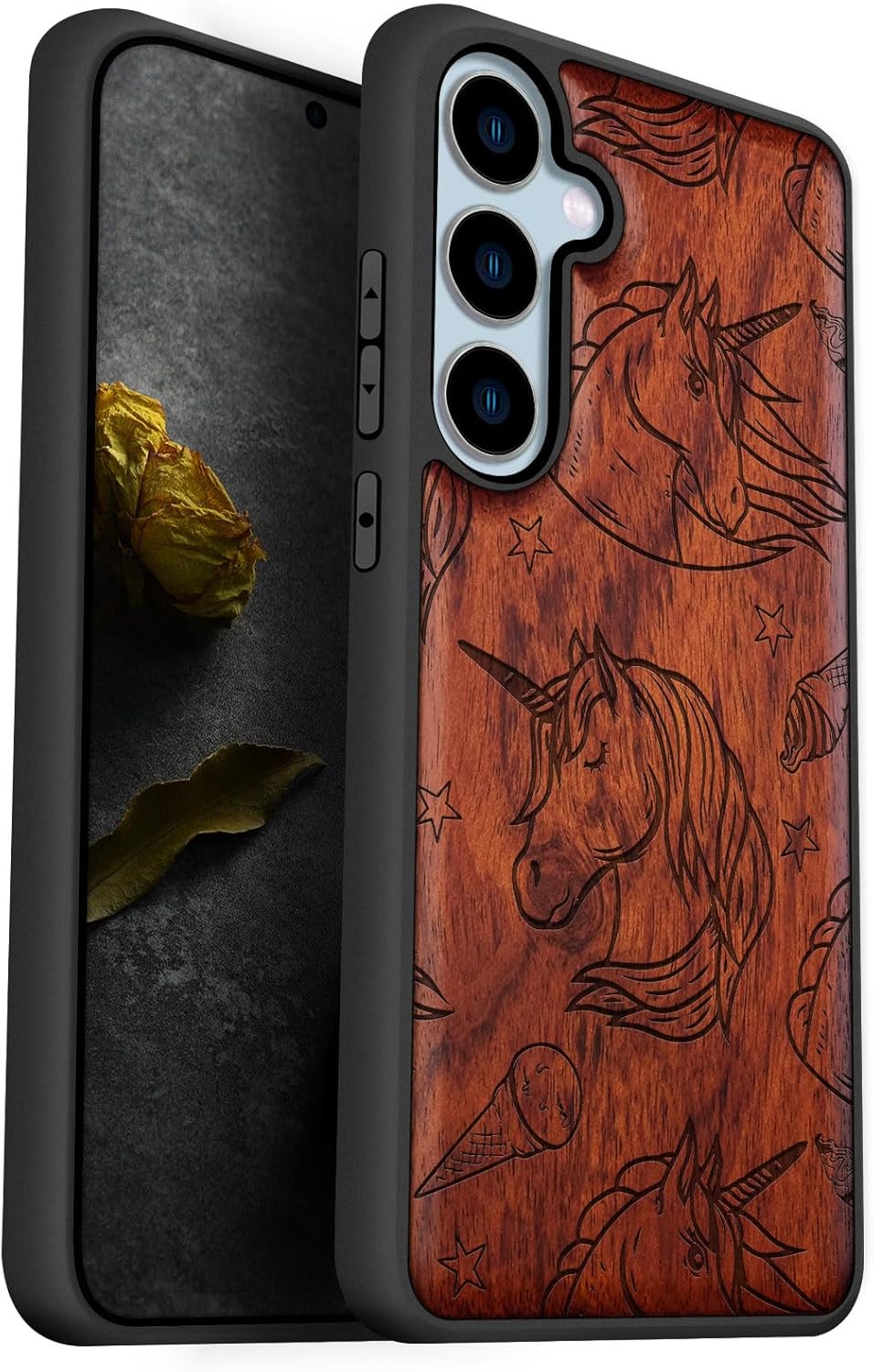 Carveit Wood Case for Galaxy S24 FE Case [Natural Wood & Black Soft TPU] Shockproof Protective Cover Unique Wooden Design Compatible with S24 FE (Whimsical Goldfish Abstract Pattern-Walnut)