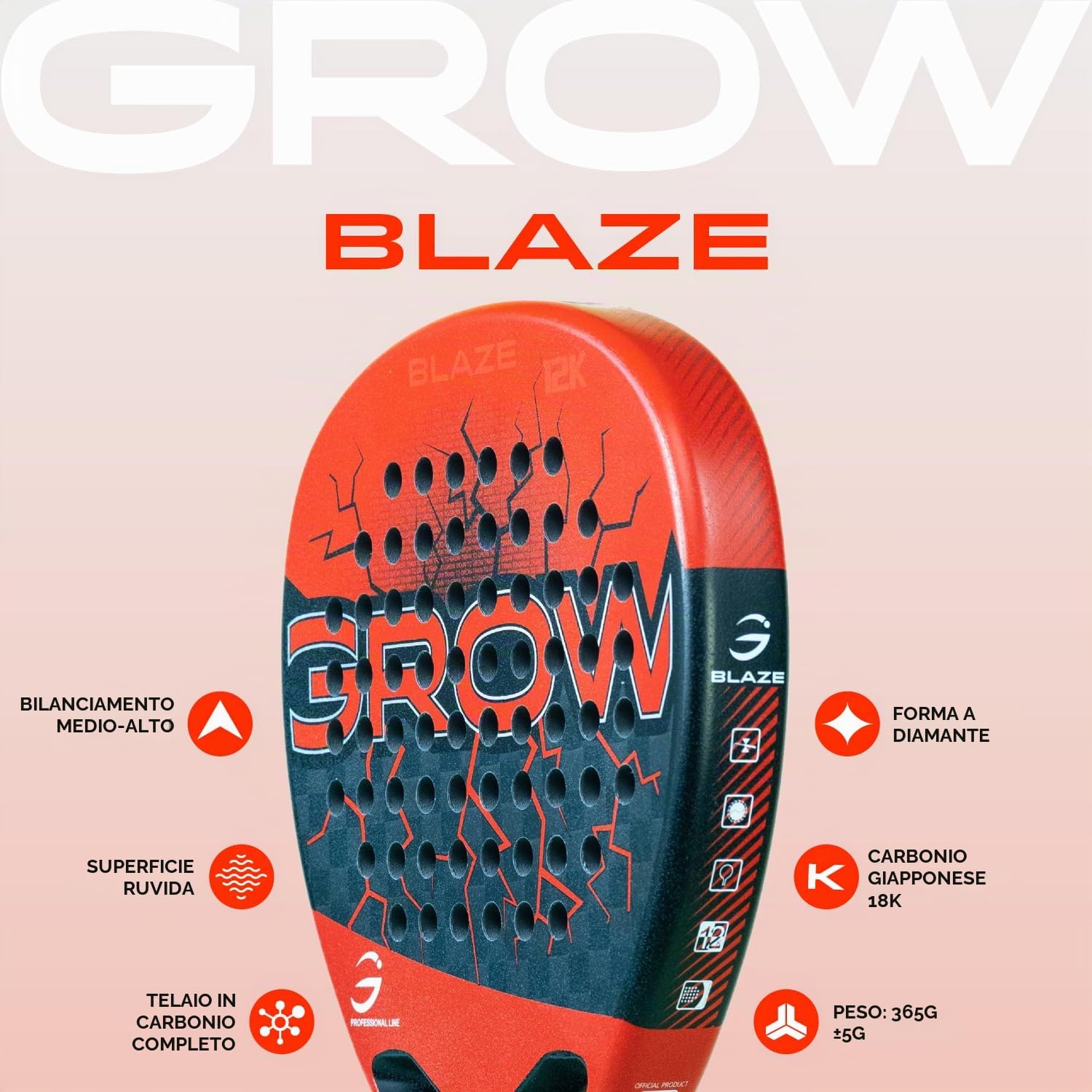 BLAZE RED 12K Racchetta Padel in Carbonio, Rosso | Per donna e uomo, forma diamante, EVA Soft, superficie ruvida, custodia inclusa