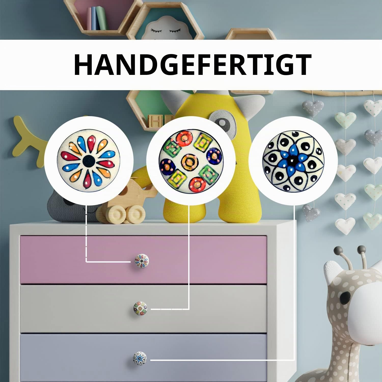 Set von 10 Keramikknöpfen mit verschiedenen Mosaik-Designs, handbemalt. Handgefertigte Griffe für Schränke, Schubladen, Kommoden und Kleiderbügel. Klassische Knöpfe mit 40 mm Durchmesser.