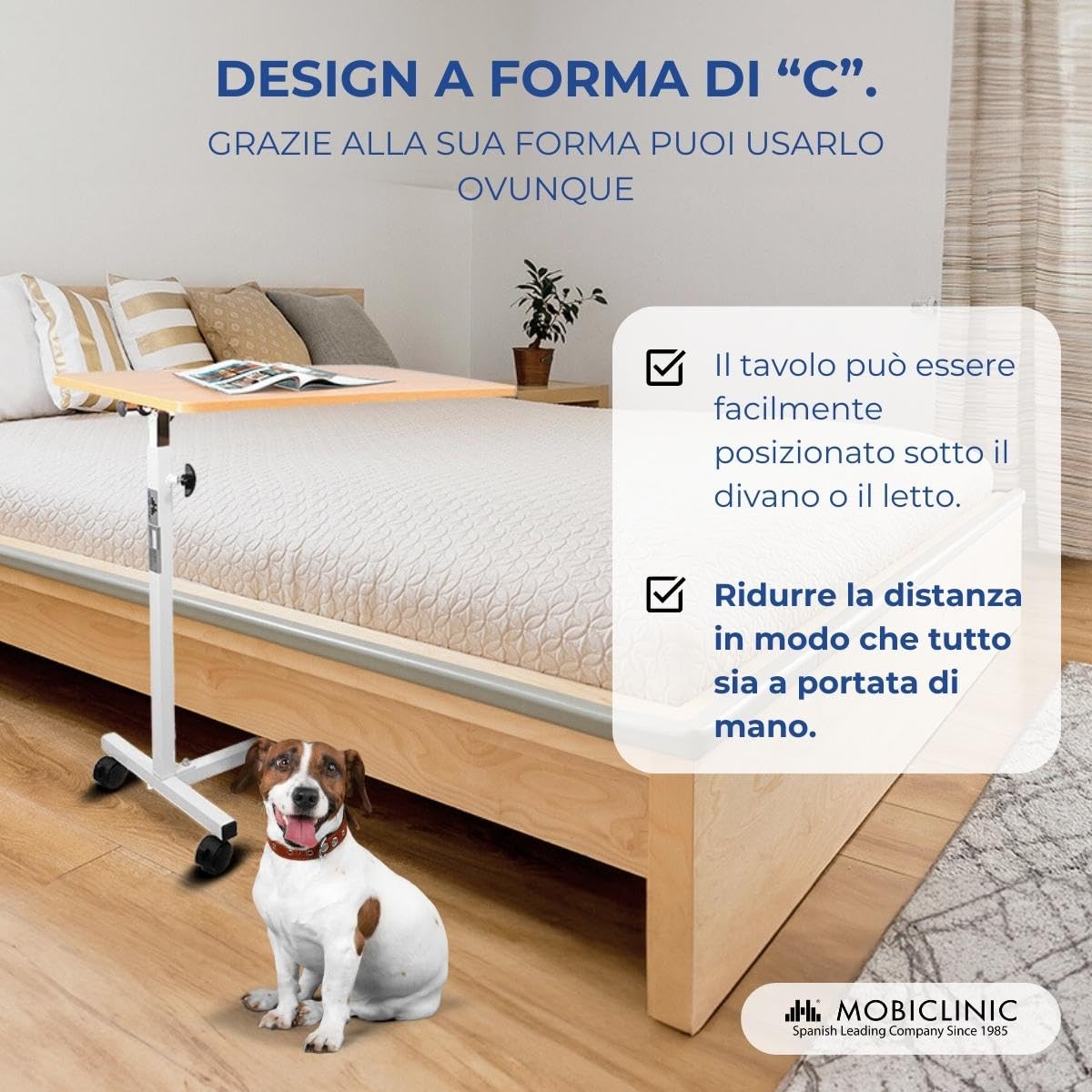 Mobiclinic, Tavolino ausiliario, Con ruote, Meseta, Regolabile in altezza, Per letto e divano, Ausilio anziani, Antigraffio, Bordo di contenimento, Elevabile, Accaio legno