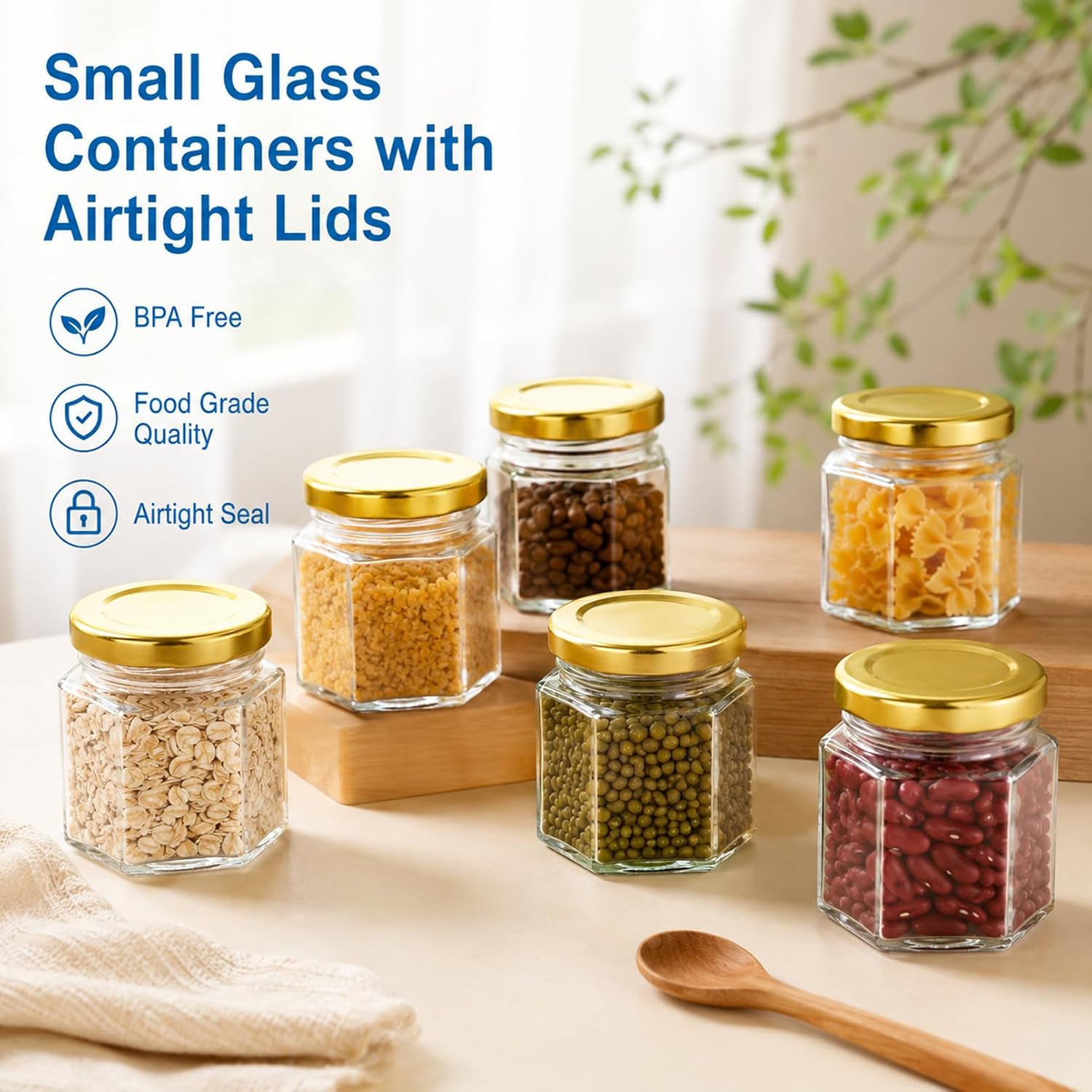 60 Pack Hexagon Glass Jars with Gold Lids, 2.9 oz Mini Honey Jars