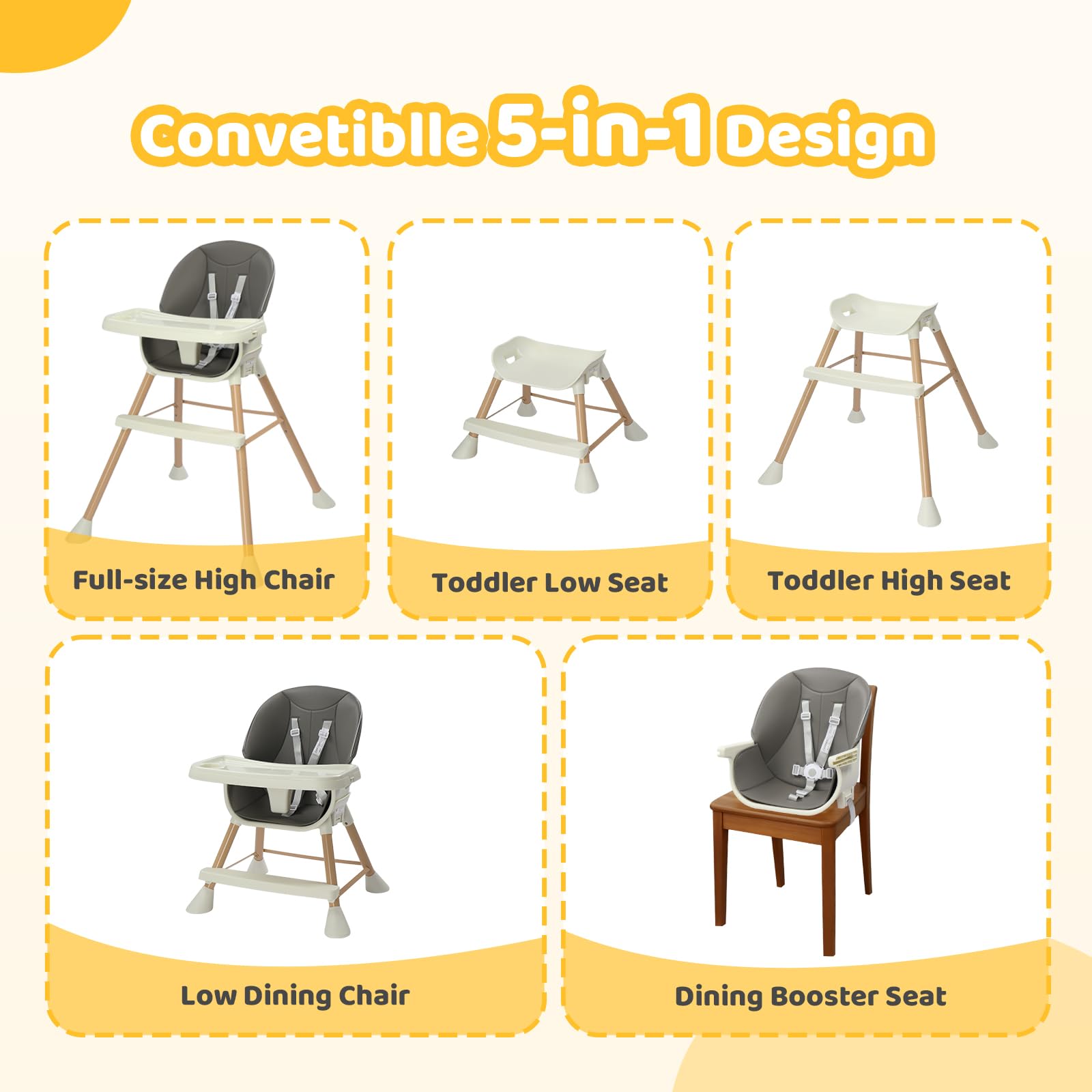 BONNLO Chaise Haute Bébé Évolutive, Pieds Fixes, Structure Renforcée, 4 KG Léger, 68x68x93cm, Réglable en Hauteur, Ceinture 5 Points, Fixation sur Chaise Adulte, Nettoyage Facile (Gris foncé)