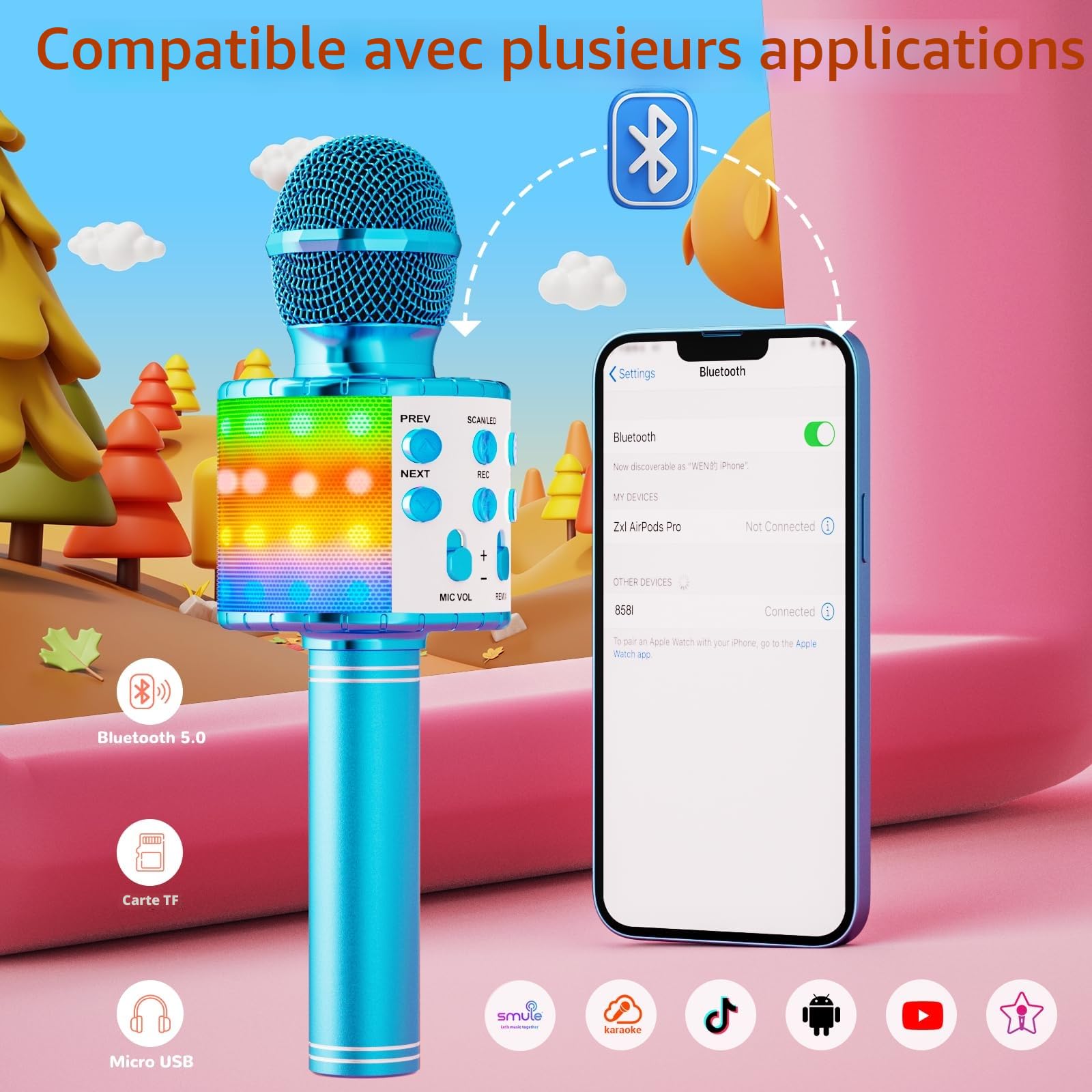 Ankuka Microphone sans Fil Karaoké, Micro Karaoke Enfant avec Lumières LED de Danse, Microphone Bluetooth pour Enfants Fille Garcon pour Fête Chanter Idée Cadeau de Noël Anniversaire Bleu