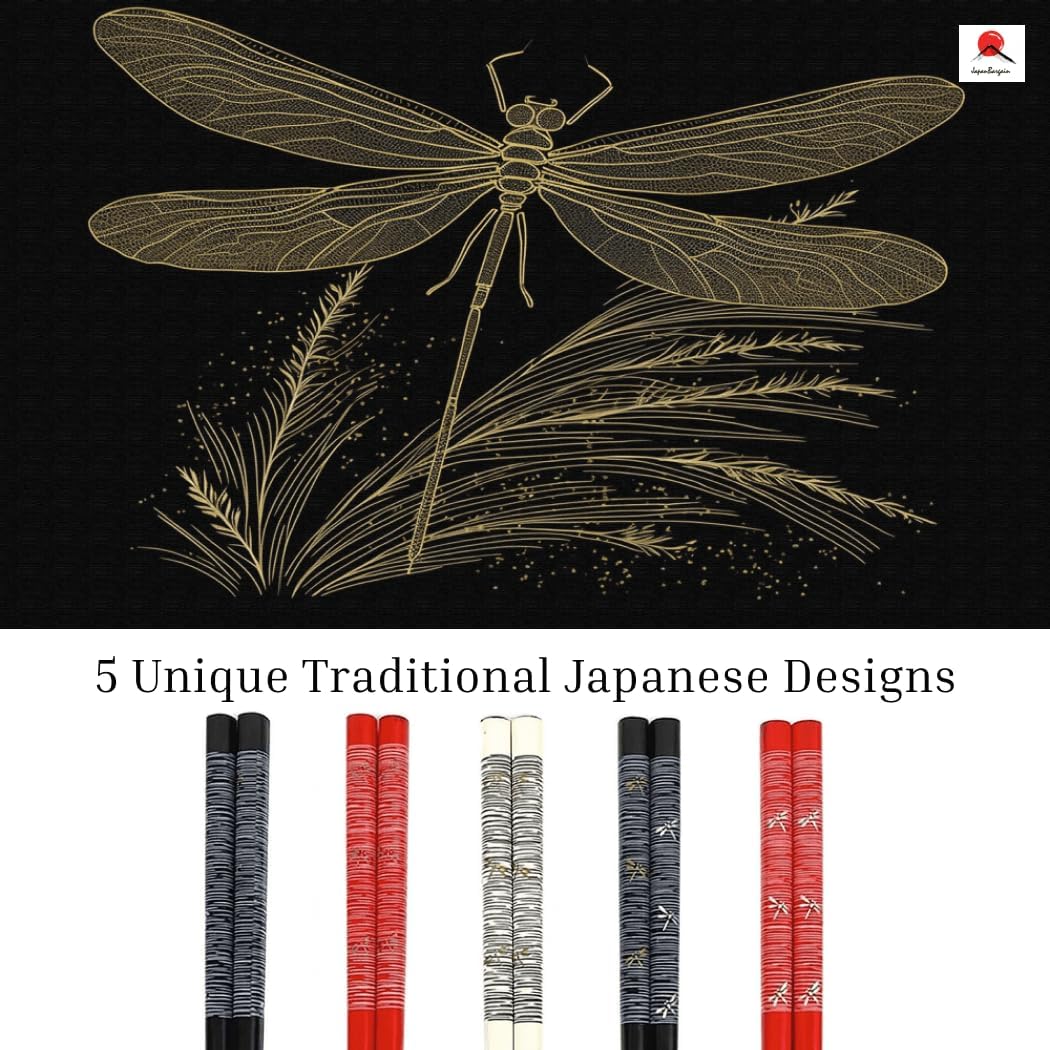 JapanBargain 5-Pair Bamboo Chopsticks Set, Dragonfly Japanese Design, Reusable Wooden Chop Sticks, 9 Inch, Dishwasher Safe, Eco-Friendly Utensils for Sushi Ramen Noodles Rice Bowls Asian Dining