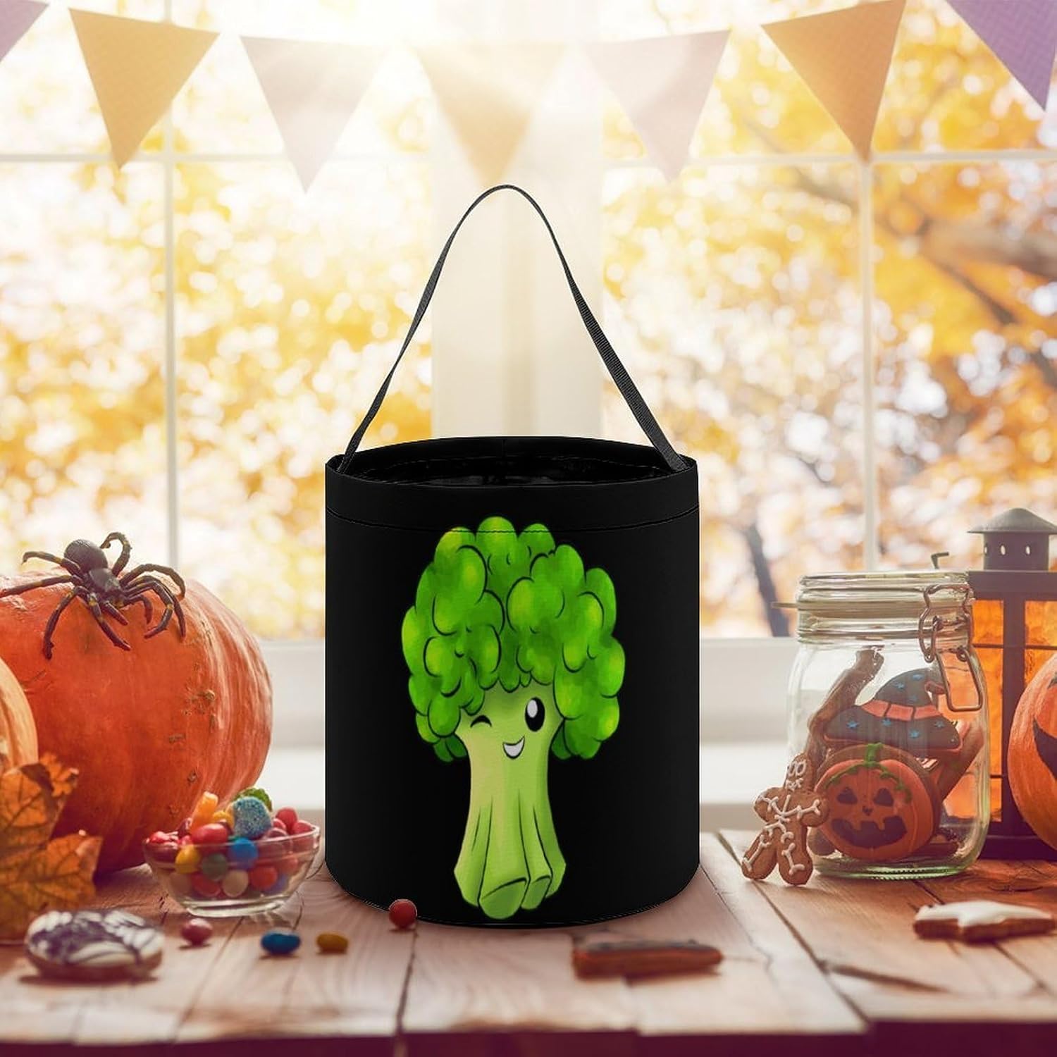 Funny Cartoon Broccoli Halloween Treat Bag Reusable Candy Basket Tote Goody Bags Gift Party