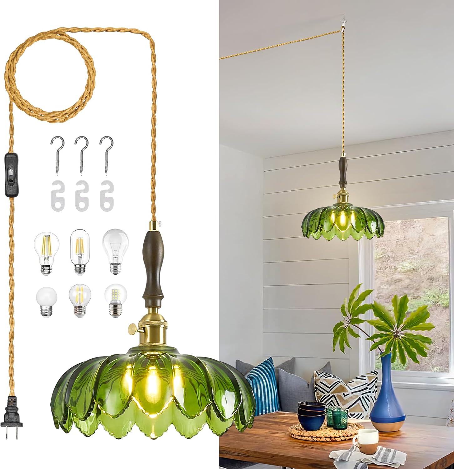 Modern Green Plug in Glass Pendant Light Retro Flower Glass Hanging Lamp Gold Brass Decorative Adjustable Ceiling Hanging Light Suitable for Kitchen Island Bedroom Dining Room Living Room