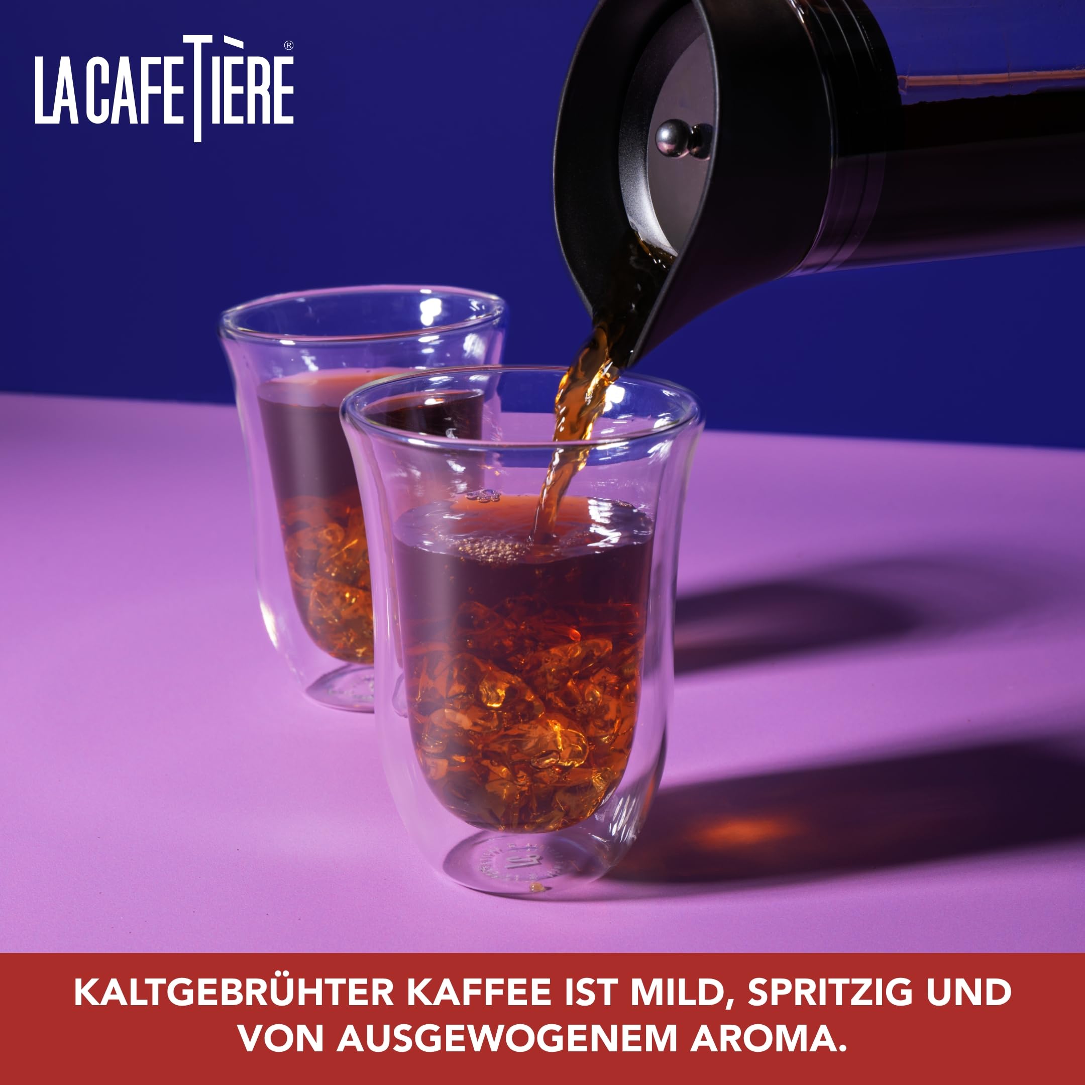 La Cafetière Kaffeebereiter zum Kaltbrühen, mit Netzfilter, spülmaschinenfest, Krugdeckel mit Ausgießer, Getränkebehälter für hochwertigen Eiskaffee, Eistee, hausgemachte Fruchtgetränke, 1 l