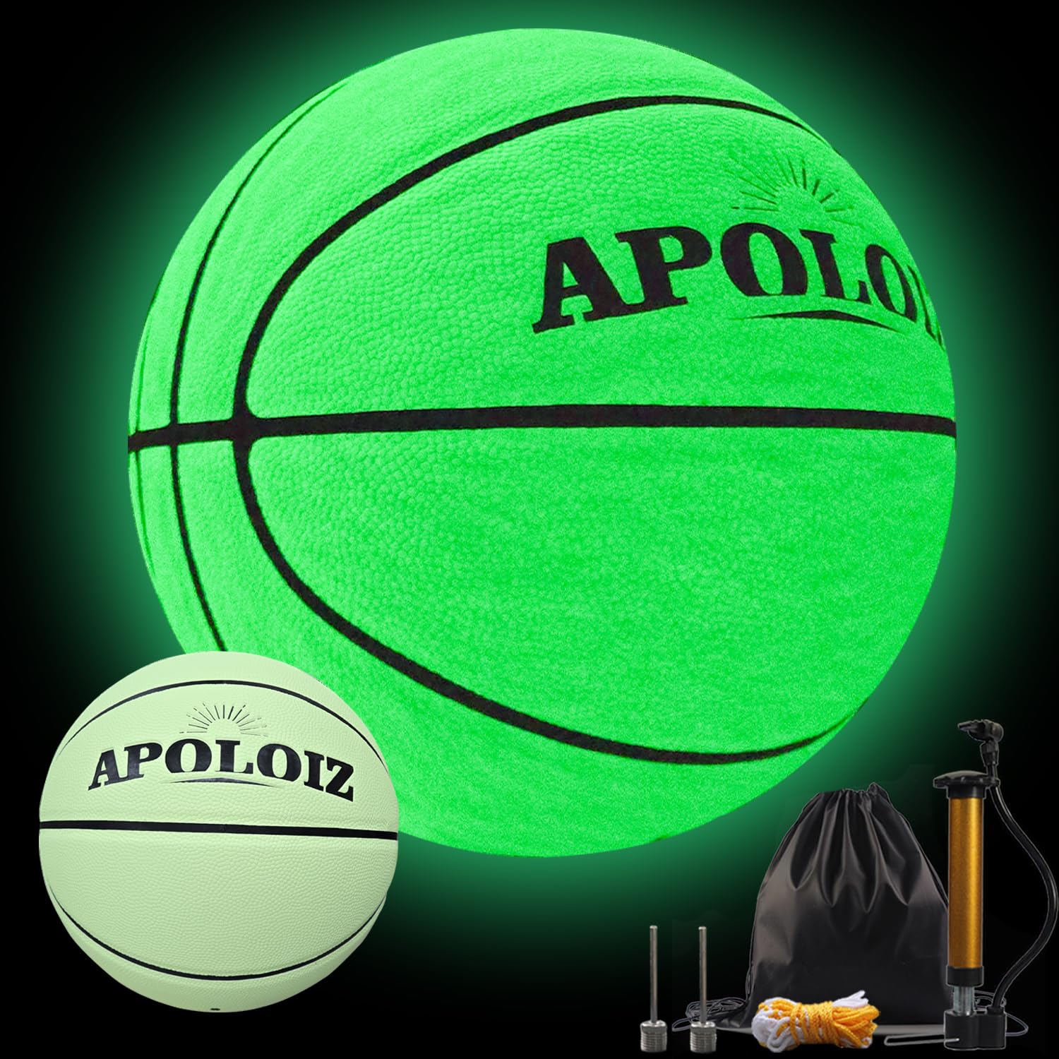 Apoloiz Glow in The Dark Basketball, Light Up Basketball Green Basketball Ball Indoor & Outdoor for Night Play，Gift for Teenagers, Men, Women (with Pump)