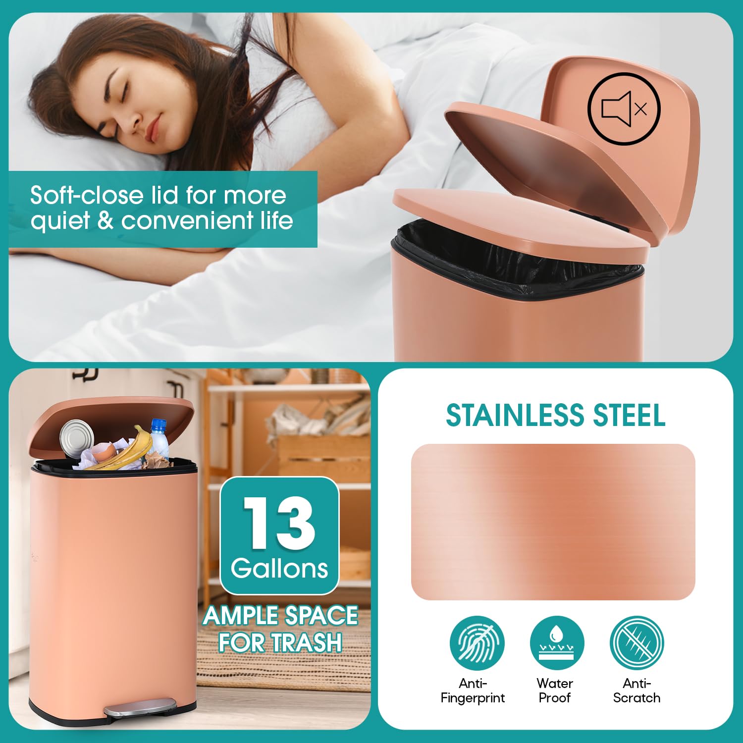 50 Liter/13 Gallon Kitchen Trash Can with Lid, Stainless Steel Trash Can with Foot Pedal and Plastic Inner Bucket,Fingerprint-Resistant Soft Close Lid Garbage Can,Odor Proof for Bathroom Kitchen,Pink
