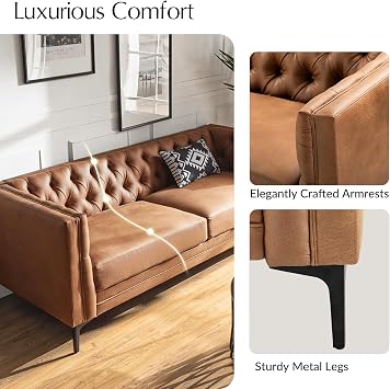 HULALA HOME 84 Faux Leather Sofa, Mid Century Modern 3 Seater Couch, Camel