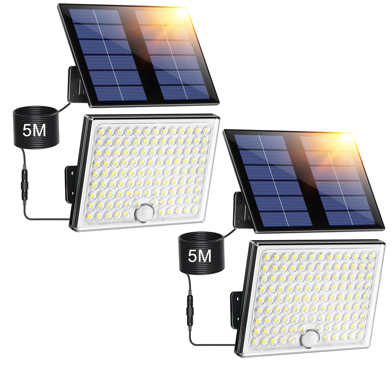 Giliwosy Faretto Led da Esterno Solare con Sensore di Movimento, Luce Solare Led Esterno con 113 LED 2000mAh 4 Modes IP65 Impermeabile, Luci Solari da Giardino con 5M Cavo, 2 Pezzi