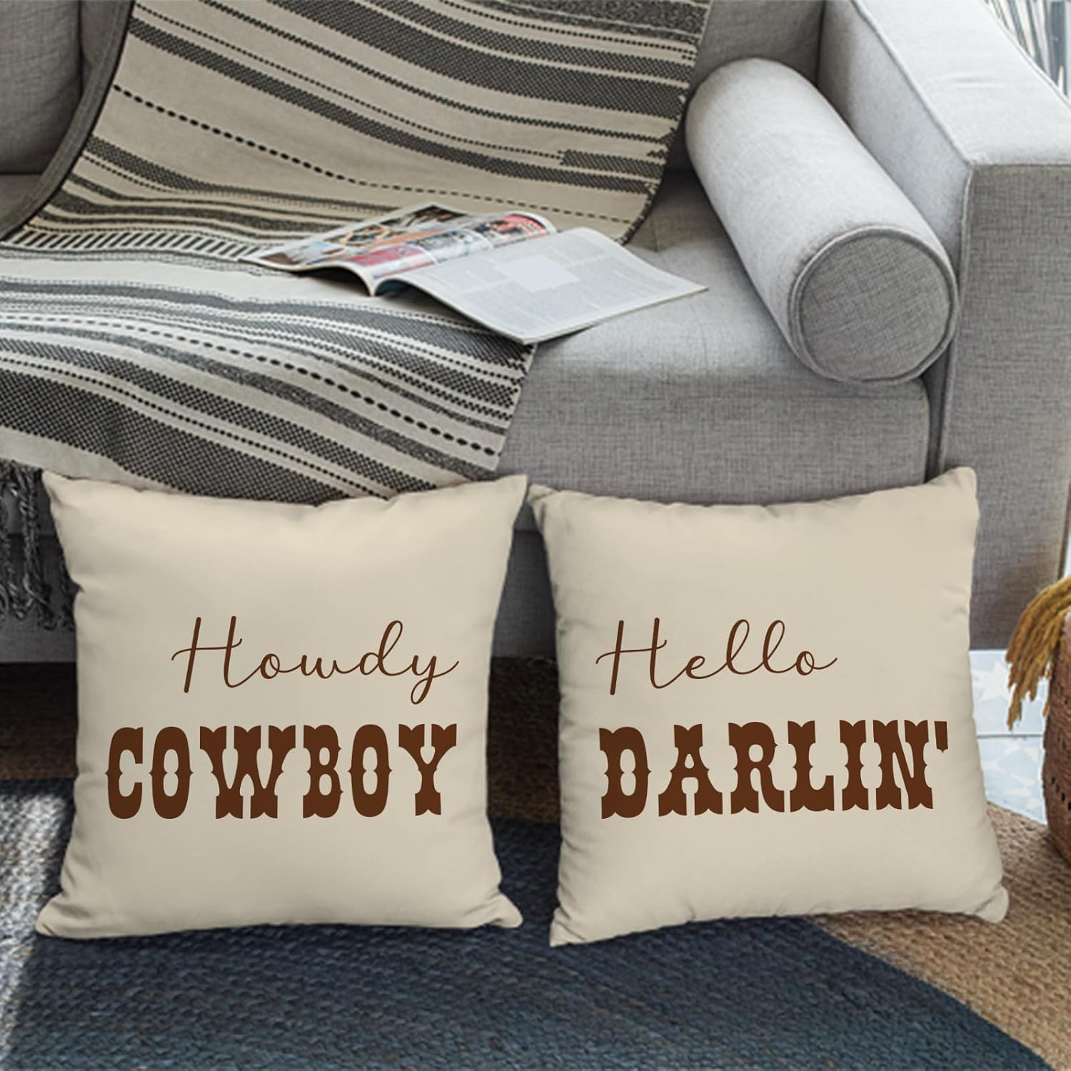 Howdy Cowboy & Hello Darlin’ Lumbar Pillow Covers 18x18 Inch – Set of 2 Western Couple Throw Pillowcases for Rustic Farmhouse Decor, Country Gifts for Couch or Sofa (Beige) - Image 5