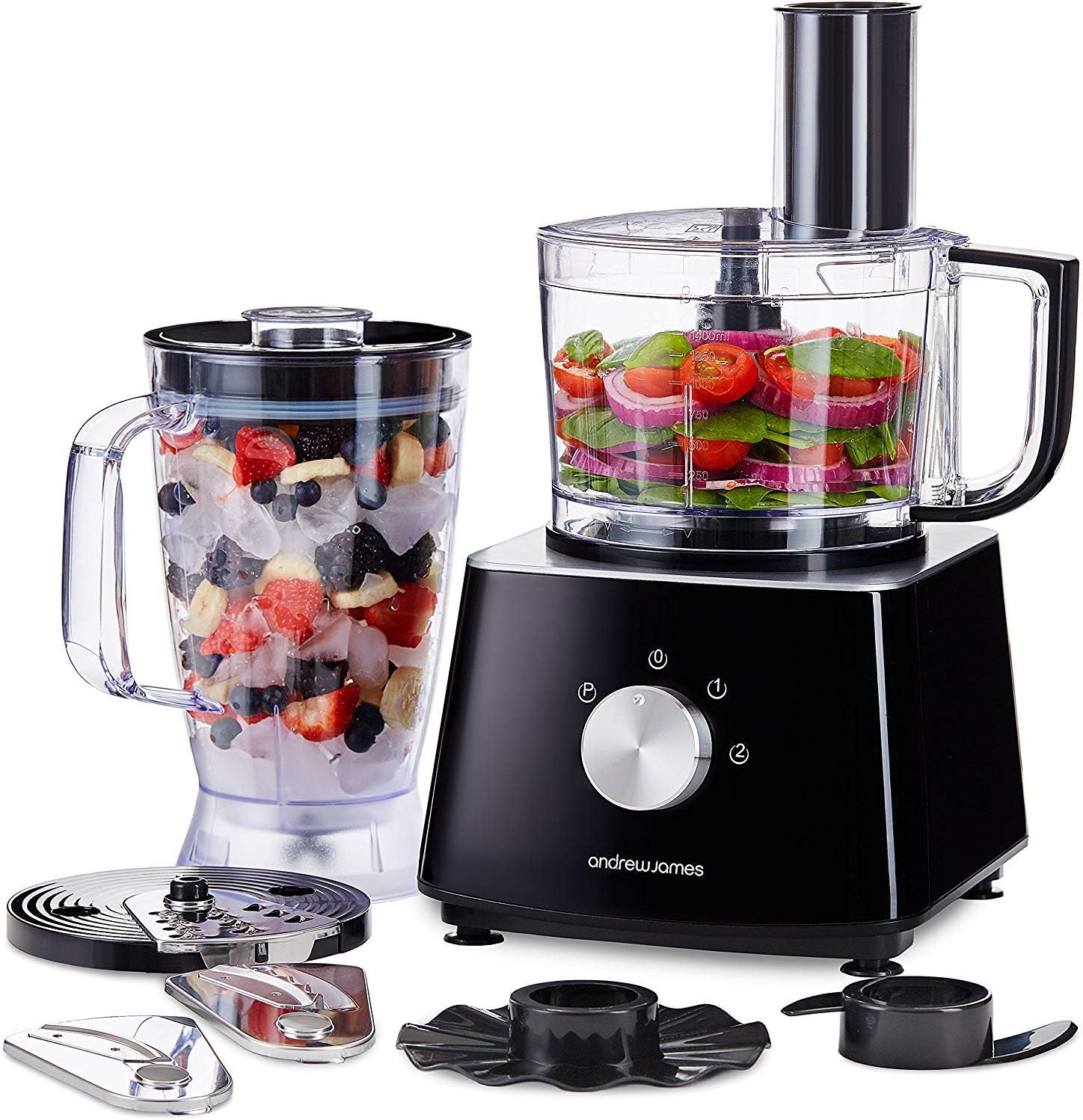 Andrew James Food Processor with Blender Jug & 6 Chopping Blades Including Grater & Kneader | Large 1.8L Capacity Electric Chopper for Cooking & Baking | 700W Black