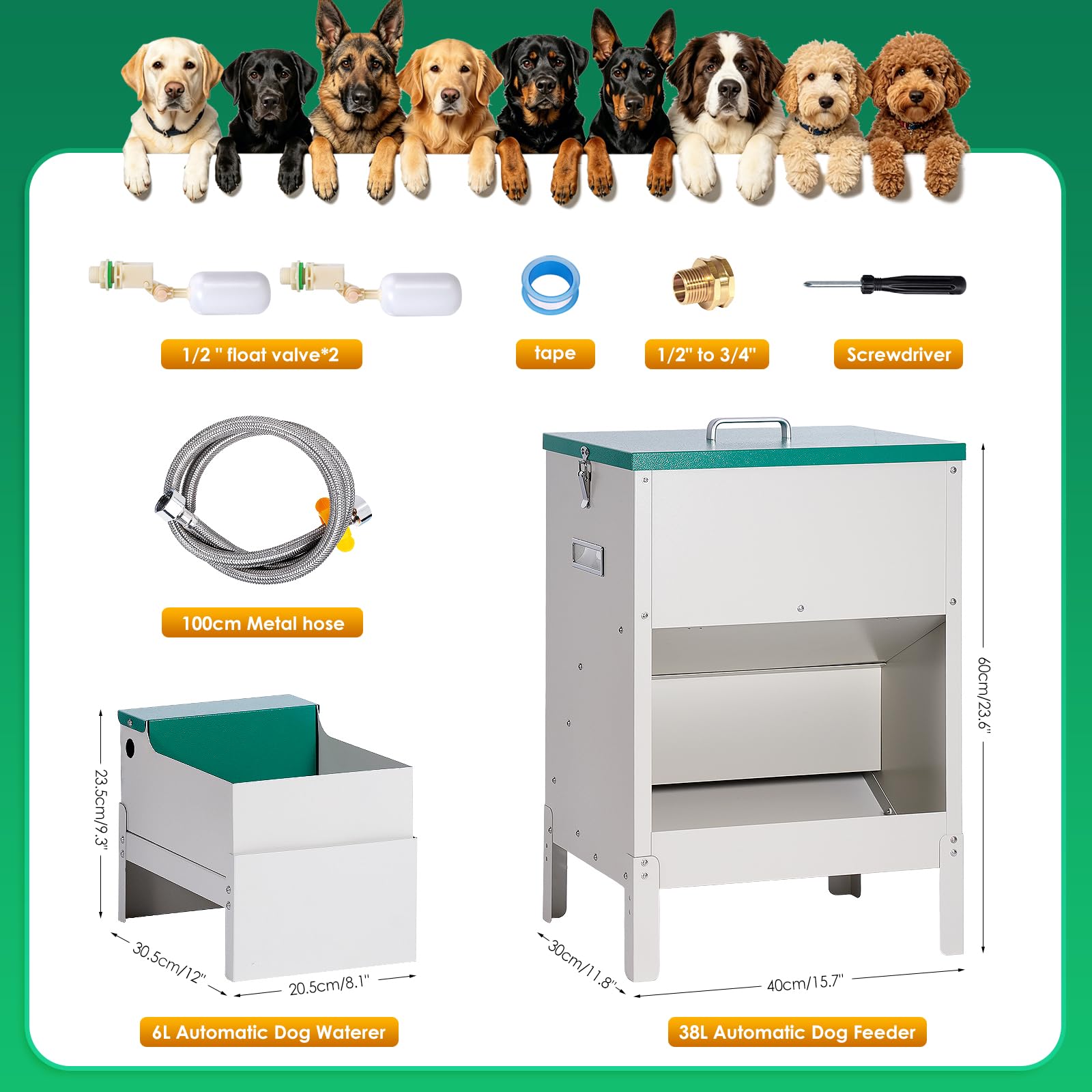 Comederos para perros grandes de 38 litros y dispensador de cuenco de agua para perros de 6 L, comedero automático 2 en 1 para perros de raza grande y dispensador de agua para perros grandes