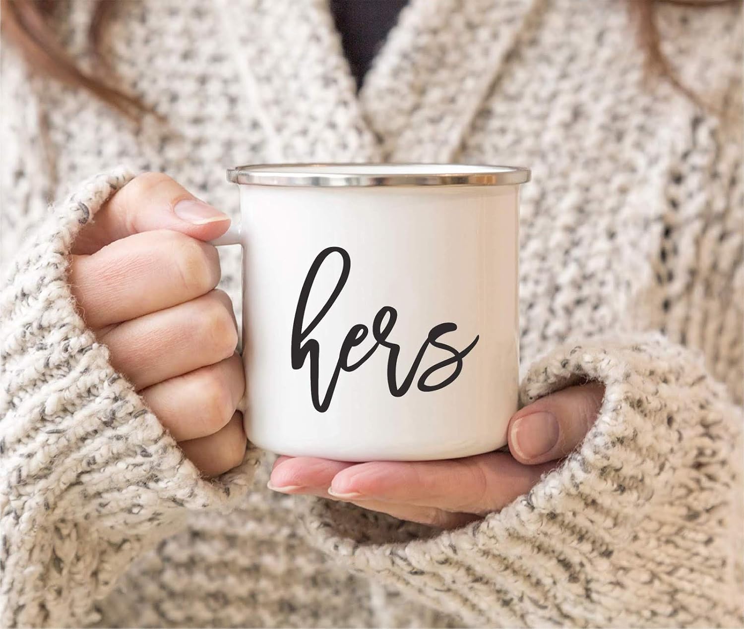 Andaz Press Stainless Steel Campfire Coffee Mugs Gift Set, Hers, Hers, 2-Pack, Metal Enamel Campfire Camp Cup, Includes Gift Box