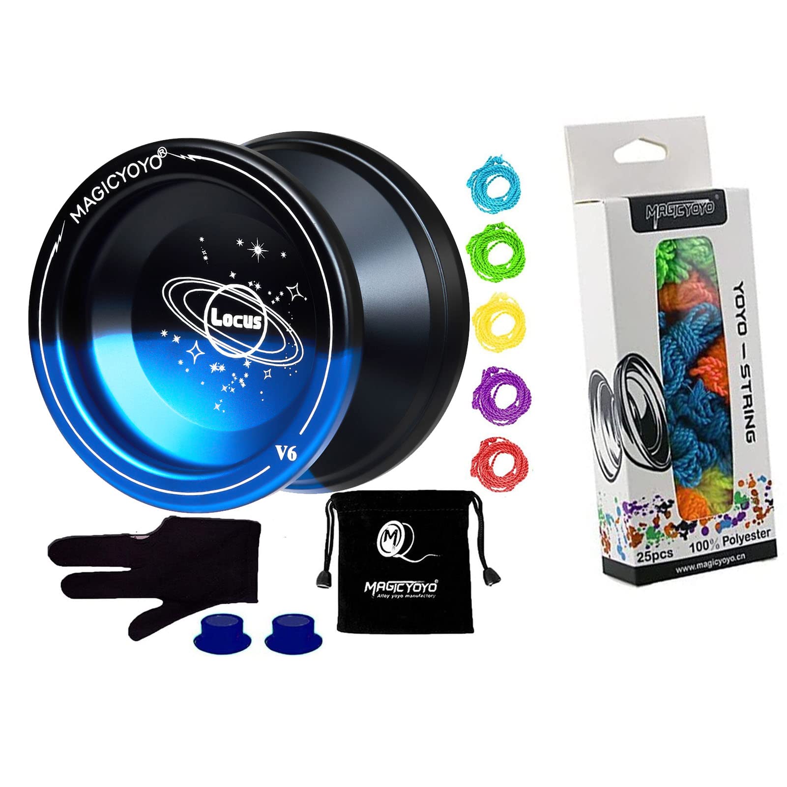 MAGICYOYO Alloy Responsive YoYo V6 Black Blue with Yoyo Sack + 5 Strings and Yo-Yo Glove and Pack of 25 Replacement Yoyo Strings - 