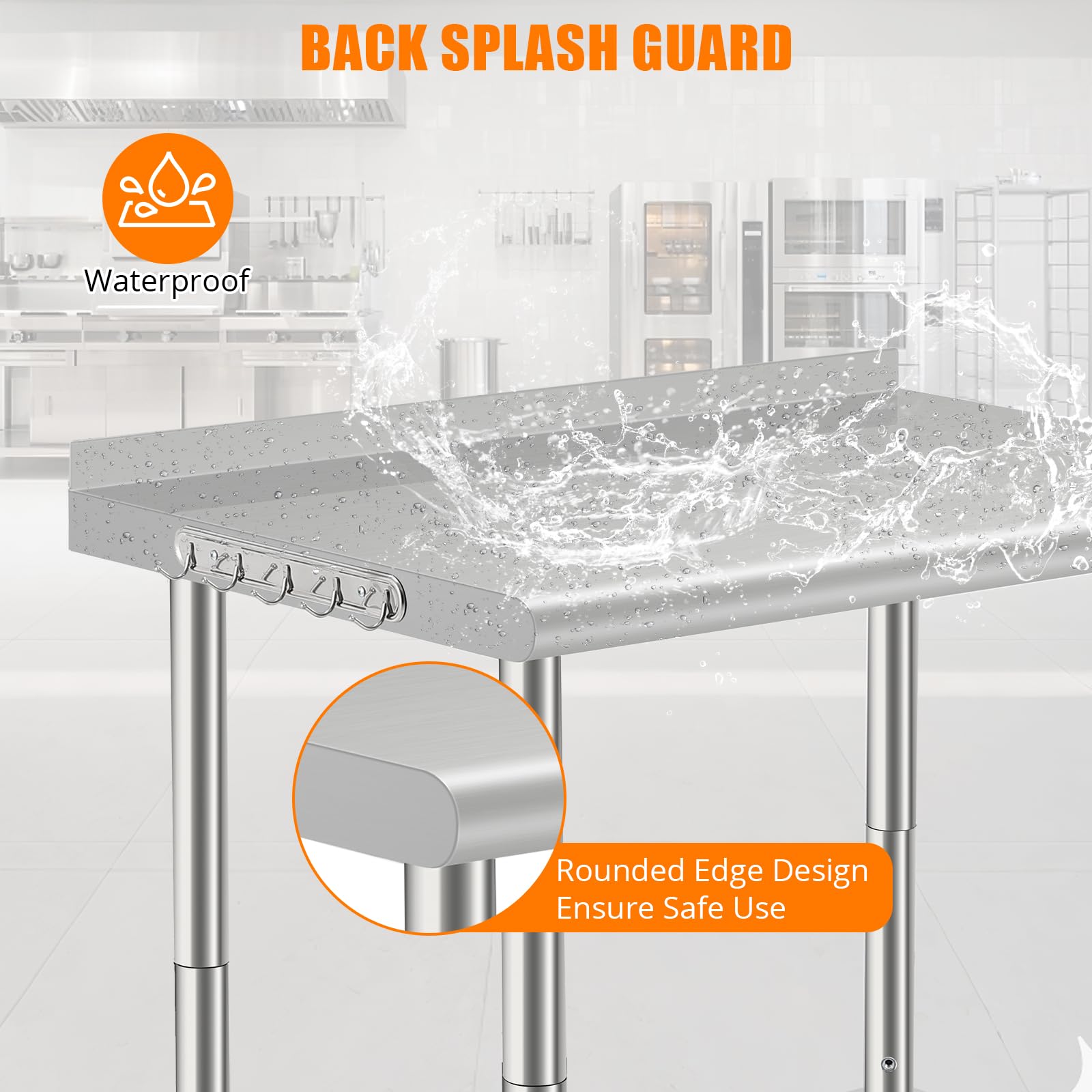Garvee Mesa De Trabajo Comercial De Acero Inoxidable Certificada NSF – Ideal para Cocina Profesional, Restaurante, Panadería y Lavandería – Estante Ajustable, Respaldo y Ganchos Incluidos