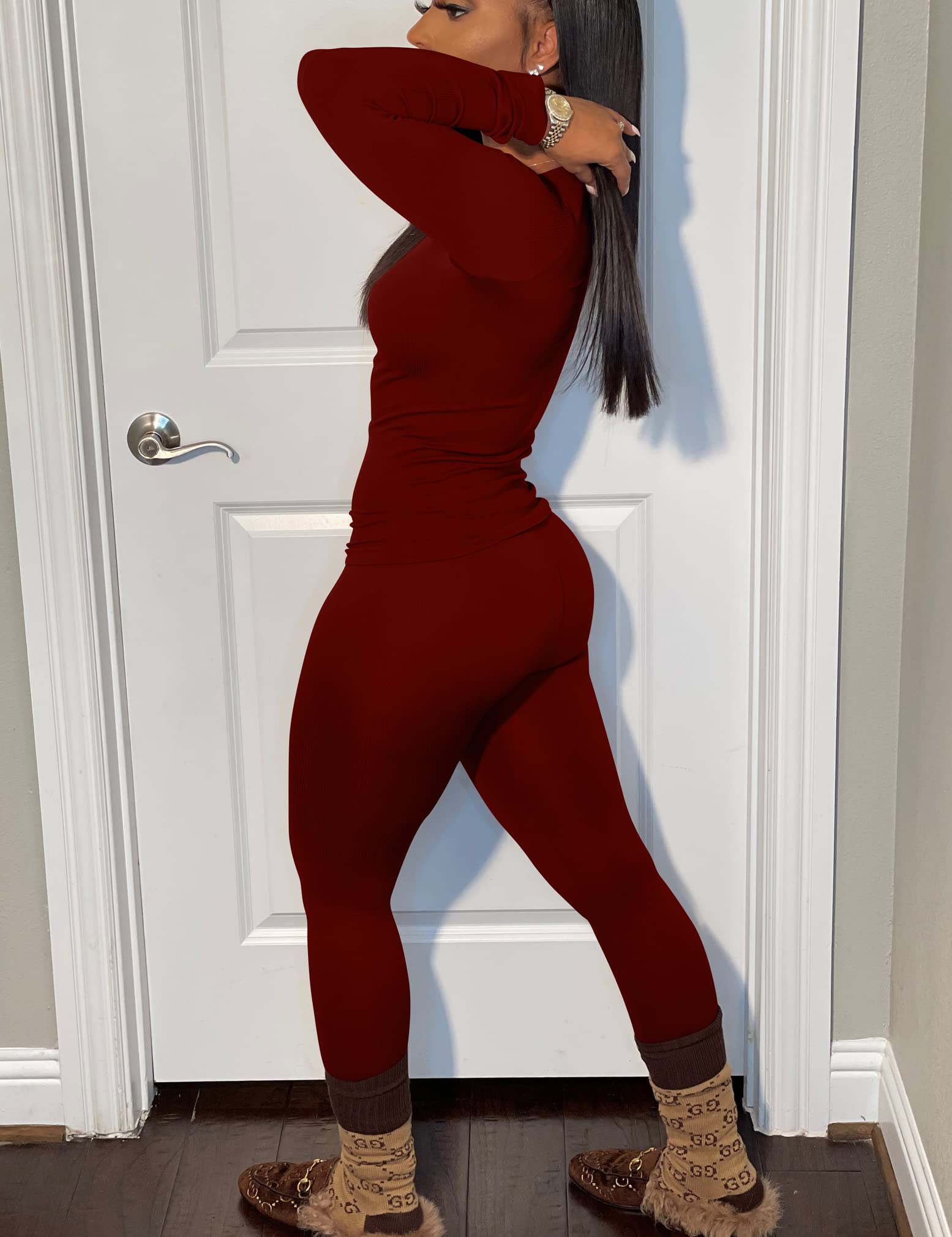 BORIFLORS Damskie 2-częściowe stroje treningowe z długim rękawem top jogger legginsy zestawy, czerwony (wine red), L