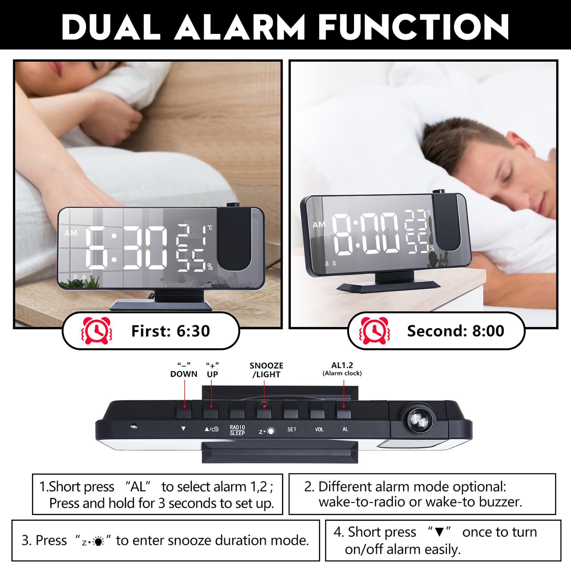 Sveglia con Proiettore,7,3 Pollici Sveglia da Comodino Digitale con Proiettore con Rotazione di 180 °Radio FM Snooze Umidità Temperatura Interna,Porta di Ricarica USB Sveglie 4 Livelli di Luminosità