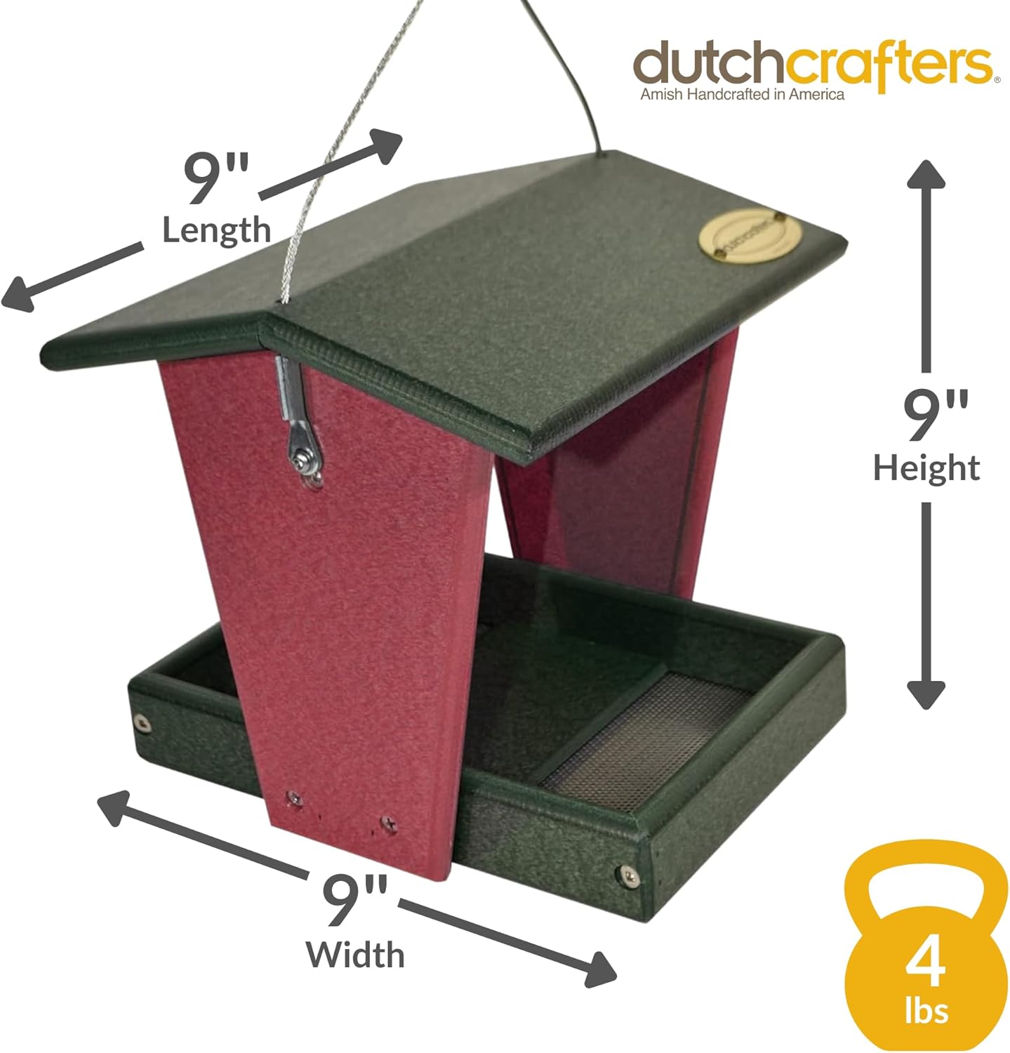 DutchCrafters Plastic Hanging Hopper Bird Feeder, Small Bird Feeders for Outdoors, Suitable for Food Seed, Mealworm (Small, Turf Green & Cherry Wood)