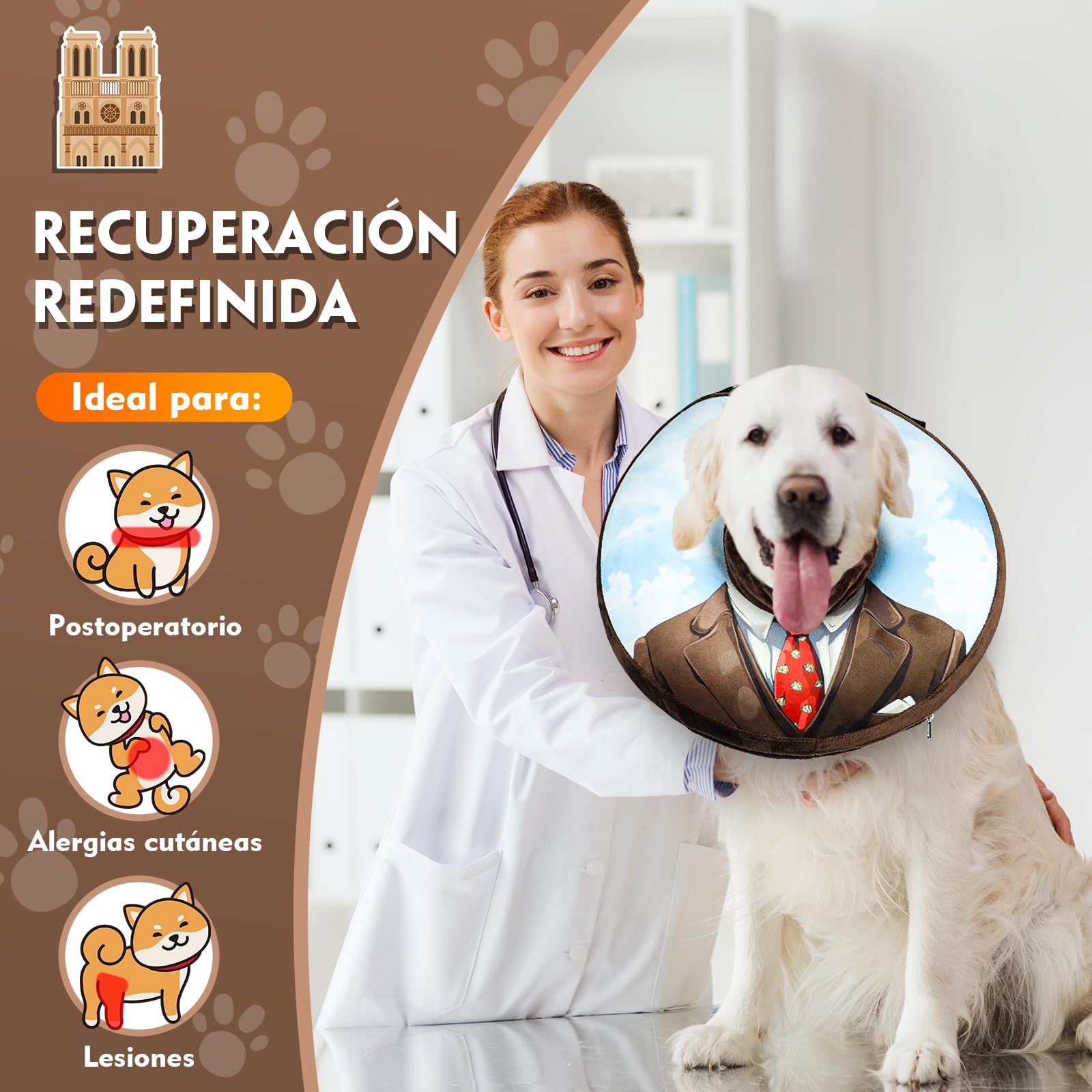 Collar isabelino Inflable para Perros y Gatos – Collar de Recuperación Suave para Evitar Lamer Heridas, Rascar o Morder – Ideal Postcirugía (Marrón, M)