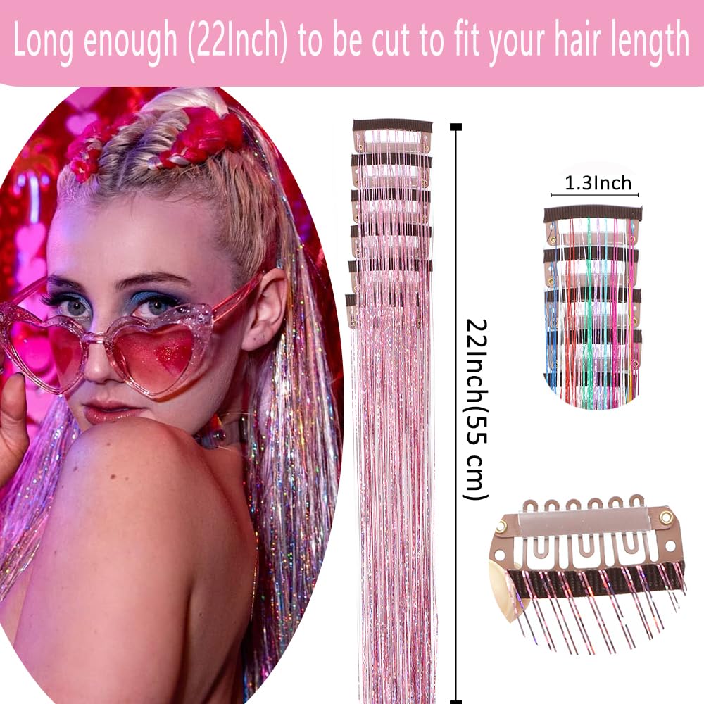 Kit de oropel para el cabello, 12 piezas de oropel con clip para niñas, 22 pulgadas, extensiones de cabello de oropel de hada con purpurina, coloridas, resistentes al calor, accesorios para fiestas 3