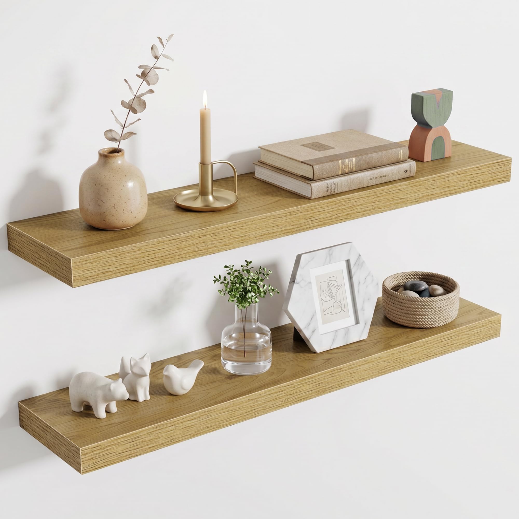 Acovy Floating Shelves for Wall, Extra Thick 80cm Long Wooden Wall Mounted Shelf, Wall Shelves for Living Room Bathroom Bedroom Kitchen, Oak, Set of 2