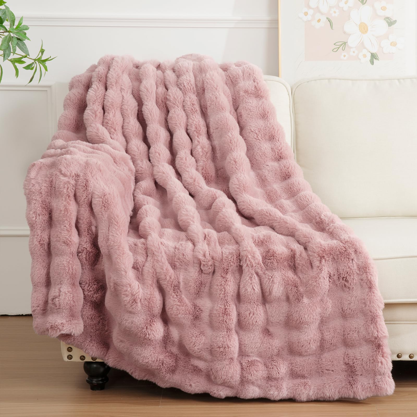 Enyhom Bubble Decke 152x203 cm Rosa, Kaninchen Fellimitat Flauschig Weiche Warme Kuscheldecke, Sofadecke für Sofa Couch Bett Haustier Schlafzimmer Wohnzimmer Deko