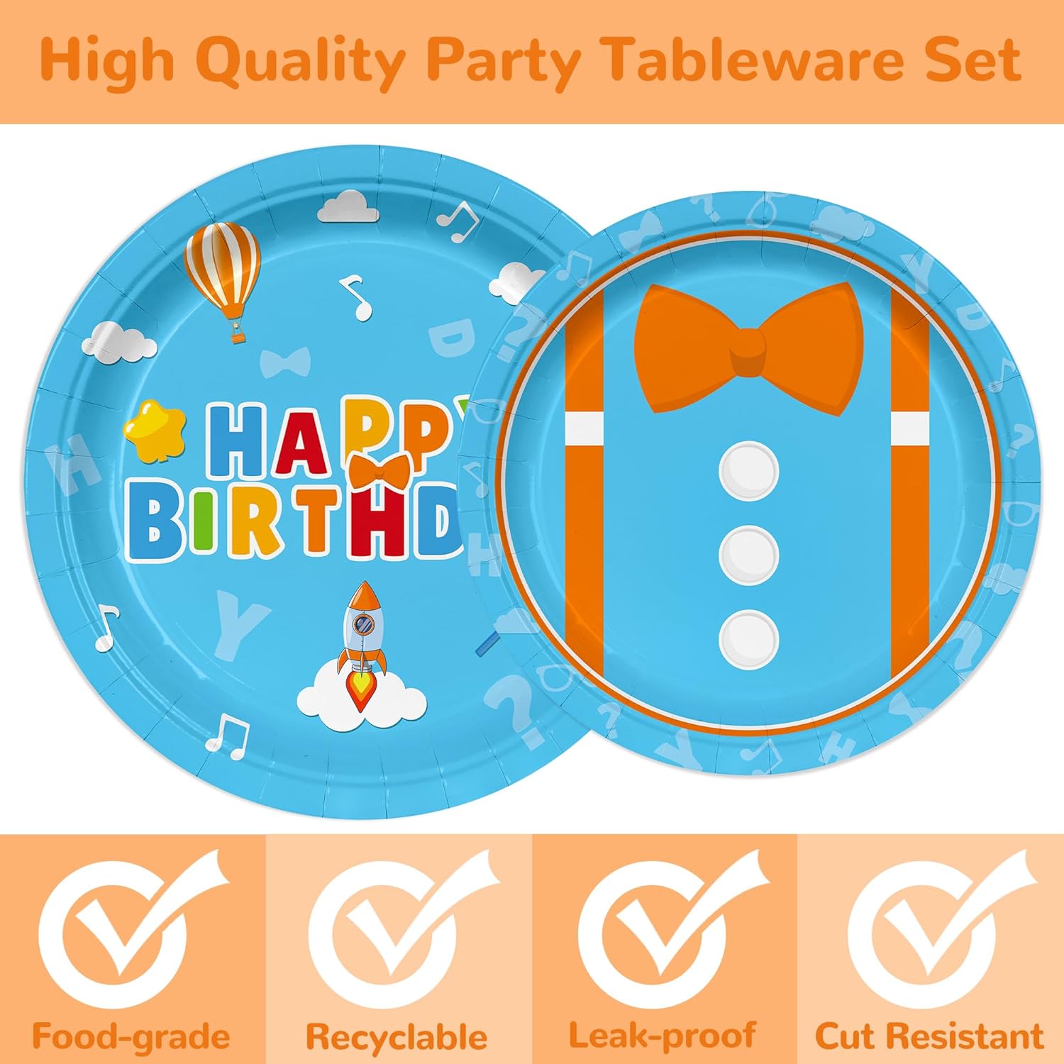 145PCS Cartoon Teacher Party Supplies English Teacher Themed Happy Birthday Party Decorations for Kids Chlid Includ Orange Blue Paper Plates Napkins Cups Tableware Set with Tablecloth Serve 24 Guests