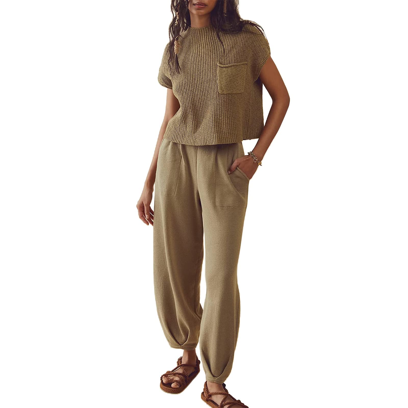 Women Summer 2 Pieces Outfits Ruched Strapless Wrap Chest Backless Tube Tops Wide-Leg Long Pants Set Sleeveless Tank Top+Flared Trousers Suit with Pockets
