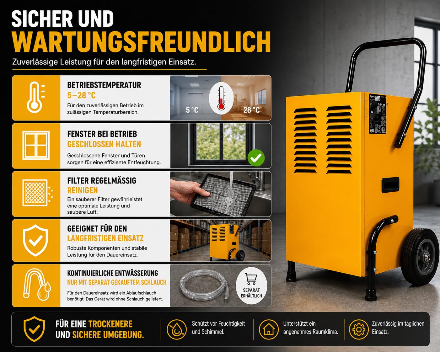 Luftentfeuchter 50 L/Tag mit Smart Control, Bautrockner für Keller und Garage, 5,5 L Tank, Dauerablauf
