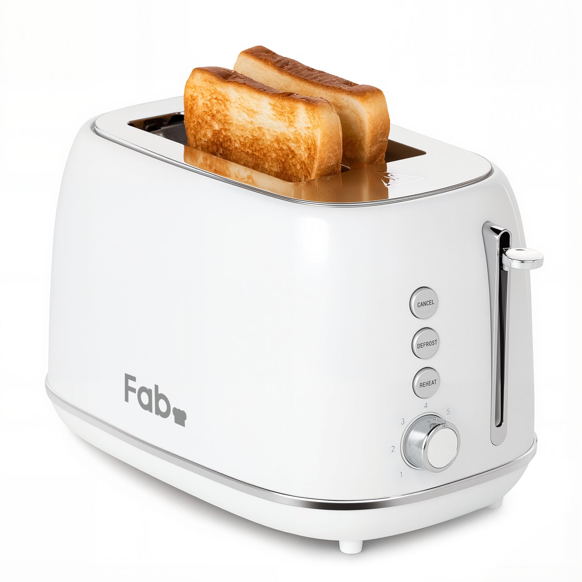 Fab by Kitchen in the box Toaster 2 Slice, Extra Wide Slot with 7 Browning Levels, Defrost, Reheat & Cancel Functions, Removable Crumb Tray, 800W (White)