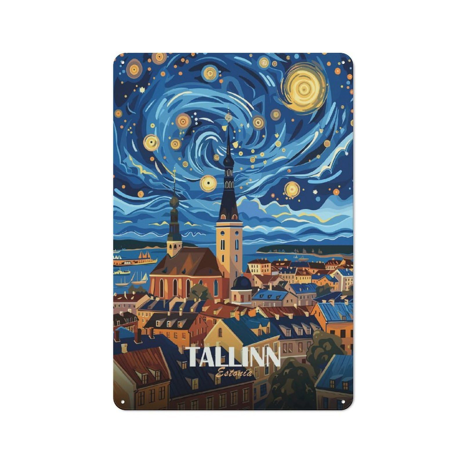 Junmoney Style-15 Tallinn, Estonia Cityscape Art Poster Decorative Metal Plaque 30X20cm, Shop Front Style Restaurant Wall Art For Coffee Bar, Small Shop Or Dining Room