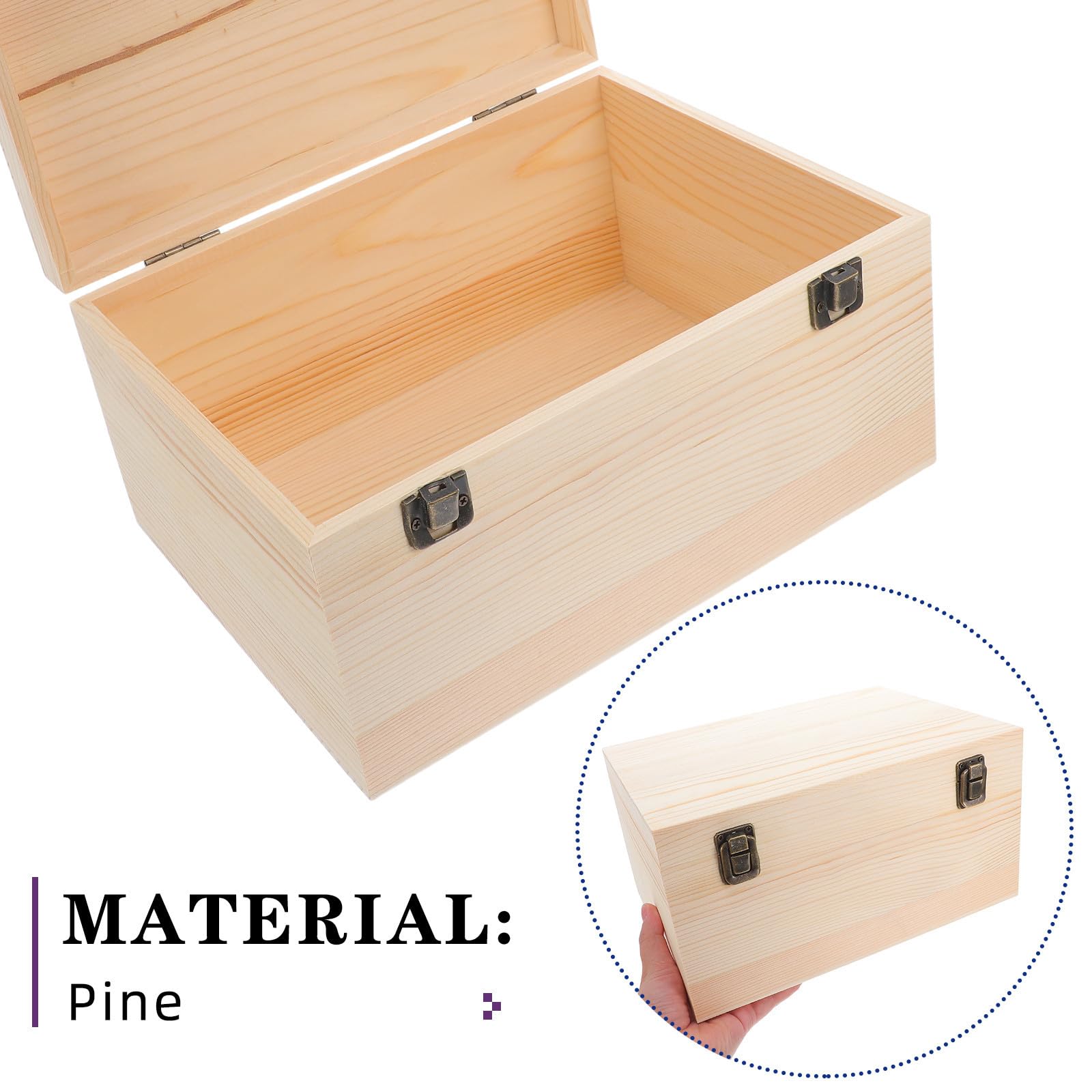 Mikikit 2 Stück Große Holzkiste aus Unbehandeltem Kiefernholz mit Scharnierdeckel Selbstgemacht Bemalbare Aufbewahrungsbox mit Doppeltem Verschluss für Schmuck und Bastelbedarf Zuhause