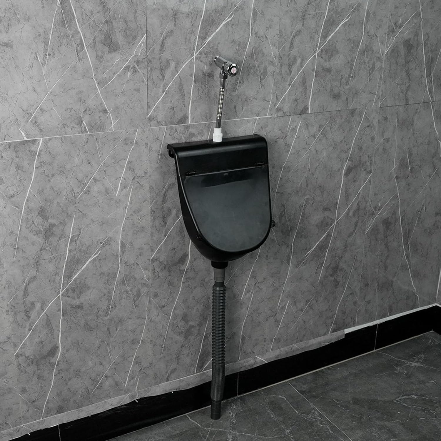 Orinatoio senza acqua da parete per uomo, WC portatile ad alta efficienza con coperchio, deviatore per orinatoio di grado commerciale e valvola di scarico per uso esterno, orinatoio nero + valvola di