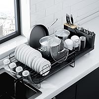 Kitsure Extendable Large Dish Drying Rack for Kitchen Counter - Anti-Rust Drainer with Cutlery Cup Holders, Adjustable 19.2-26.7in L x 12.9in W, Black