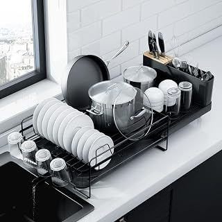Kitsure Extendable Large Dish Drying Rack, Anti-Rust Kitchen Counter Drainer with Cutlery Cup Holders, Adjustable 19.2-26.7in Black