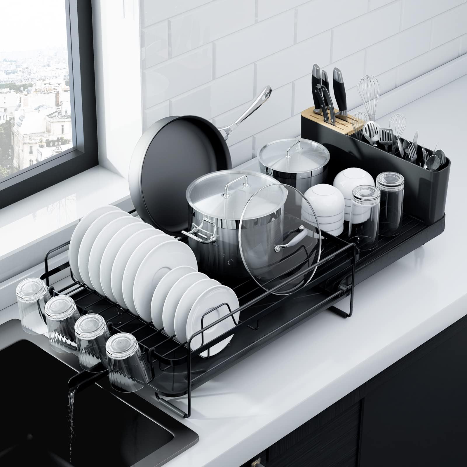 - Kitsure Large Dish Drying Rack - Extendable Dish Rack, Multifunctional Dish Rack for Kitchen Counter, Anti-Rust Dish Drainers with Cutlery & Cup Holders 19.2"-26.7" L x 12.9" W, Black
