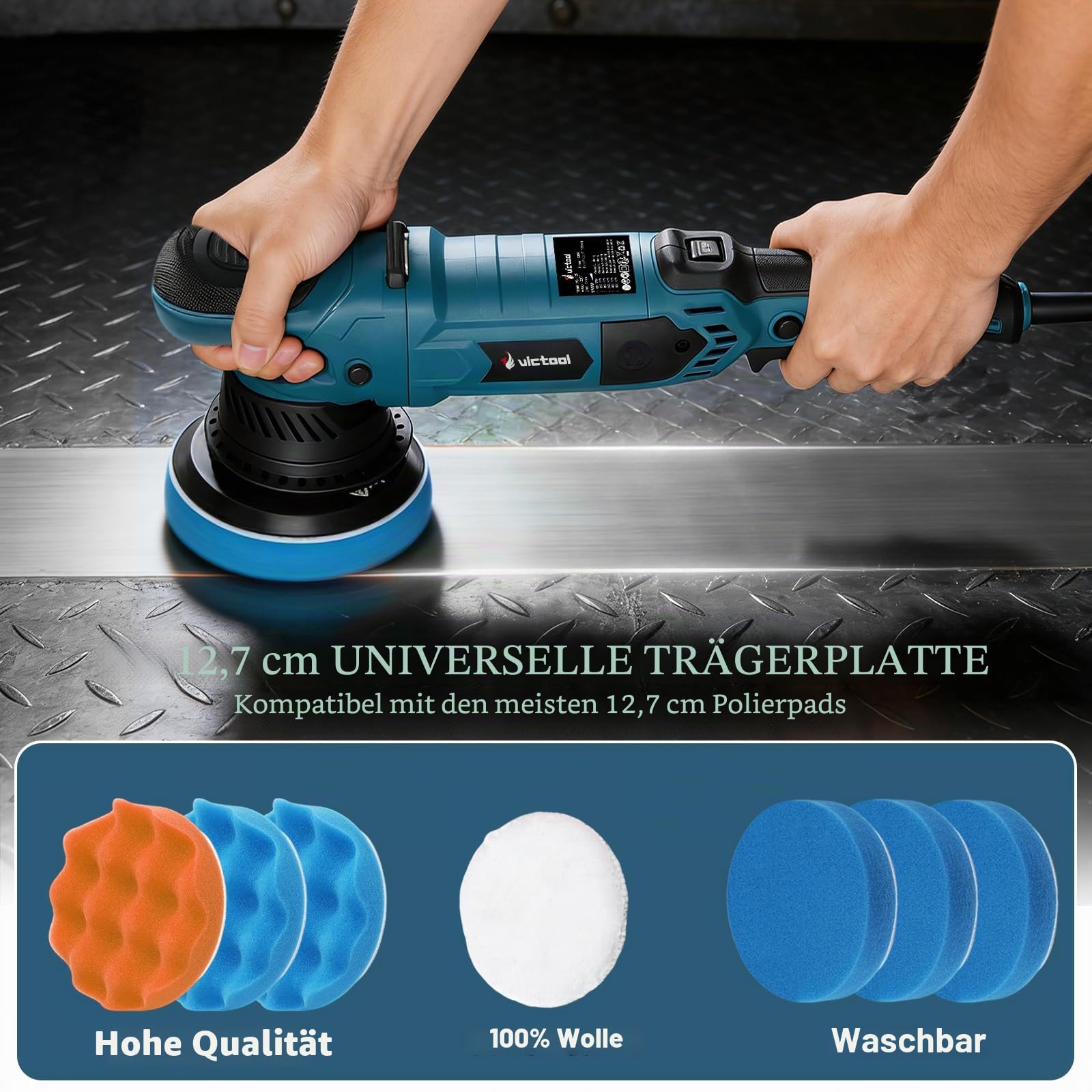 Exzenter Poliermaschine, Auto Exzenterpolierer 15mm 1600W Polierer mit 6 Variable Geschwindigkeit 600-3600RPM, mit Polierschwamm und Wolltücher, zum Polieren von Auto, Motorrad, Möbeln