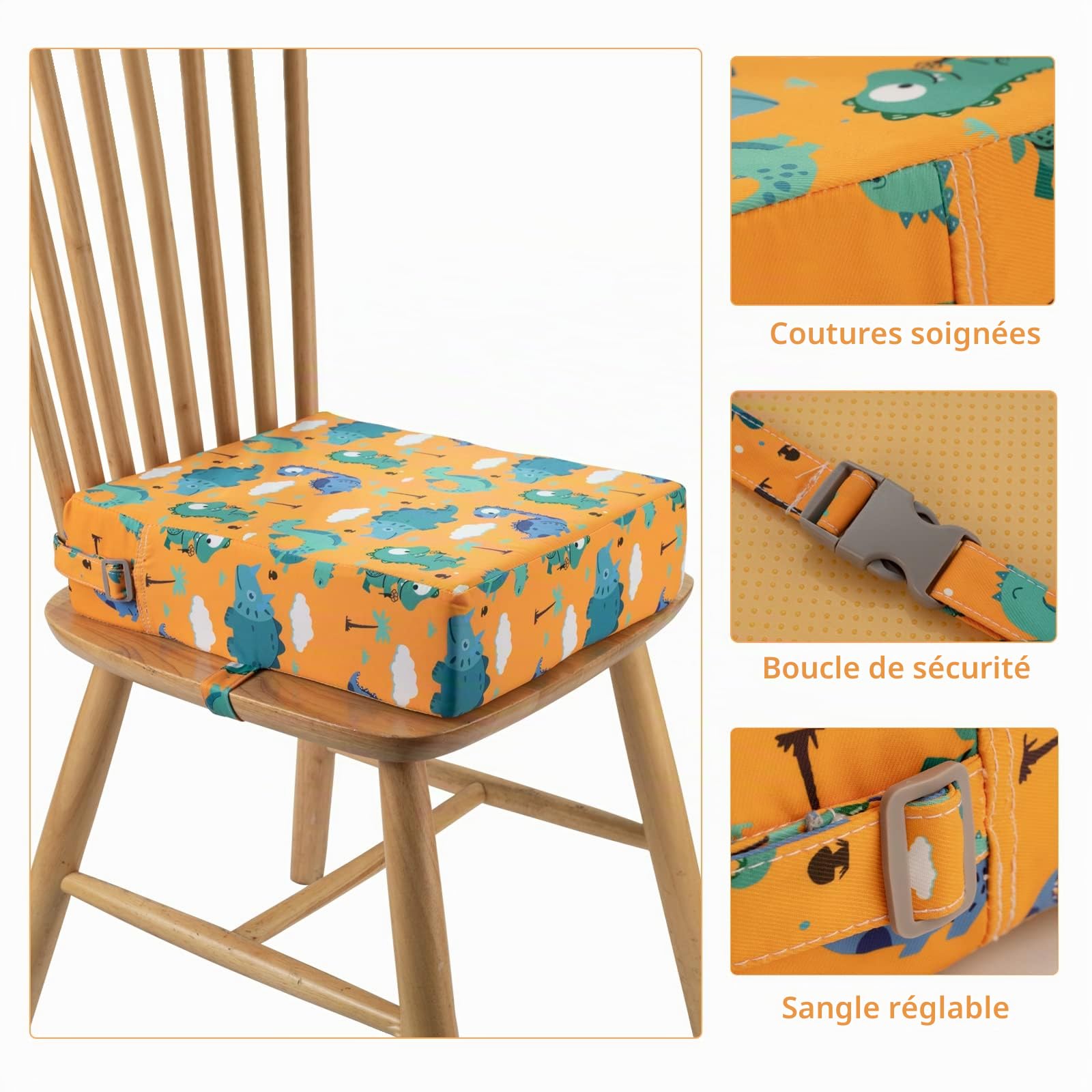 Rehausseur Chaise-Enfant,Support Plus Solide Base Antidérapante Double Sangles Sécurisées Pour Salle à Manger Pour Enfant Coussin de Voyage Portable (Orange)