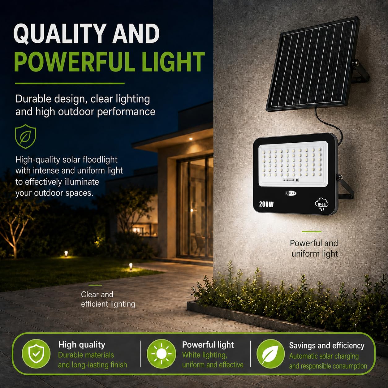 CLAR - Solarstrahler für Außen, Solar LED Strahler, Solarlampen für Außen Ohne Bewegungsmelder, Solar Scheinwerfer für Außen, Solar Flutlicht, Solarlampe Ohne Bewegungsmelder, 200W (Pack 1)
