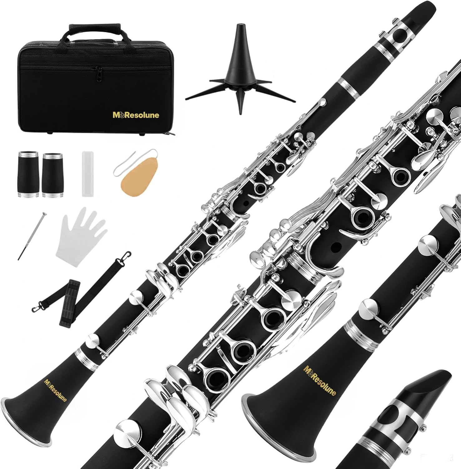 B Flat Clarinet for Beginner, Student Clarinet Nickel-plated with 2 Barrels Stand Hard Case, Cleaning Kit for School Band Orchestra (Black)