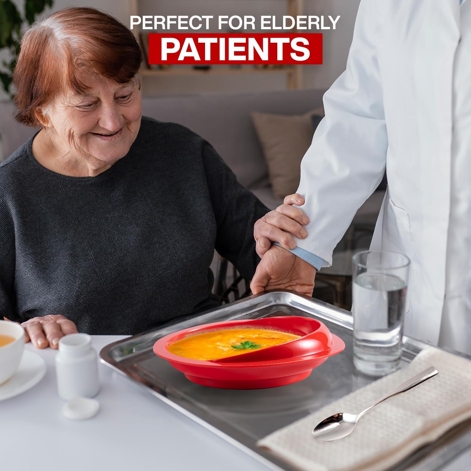 Platos antiderrames con Bordes con Labios, Plato con Pared para discapacitados, Plato fácil de Comer para Adultos discapacitados y Pacientes de Edad Avanzada(1 pcs),Red+White