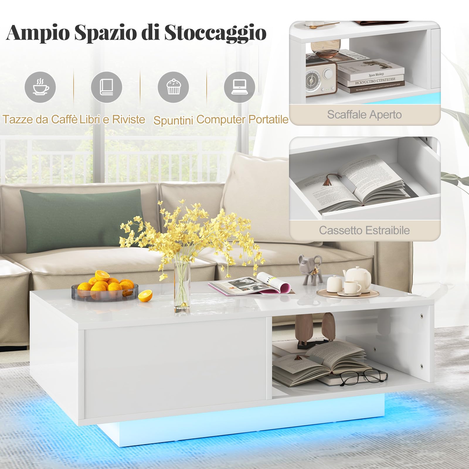 RELAX4LIFE Tavolino da Caffè Moderno 95x55x31cm, con 20 Luci LED Regolabili e Telecomando, in Legno con Finitura Lucida, Cassetto a Pressione e Ripiano Aperto, per Soggiorno, Max 65kg (Bianco)