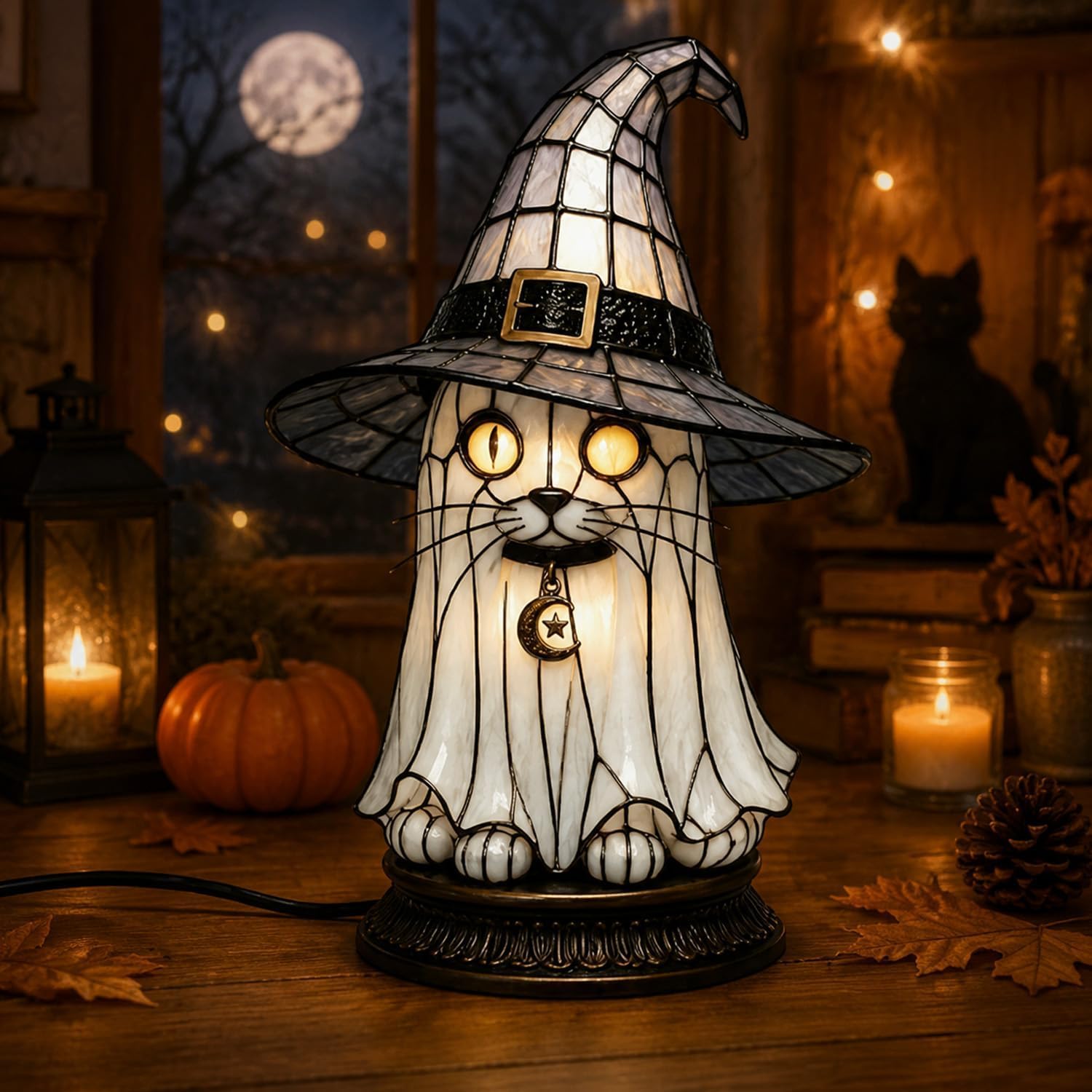 Stained Glass Black Cat Table Lamp, Gothic Witch Hat Resin Night Light