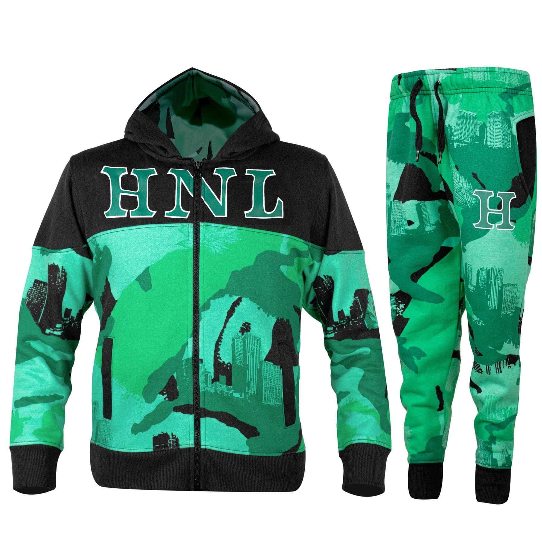 A2Z 4 Kids Chłopcy Pełny Dres HNL Kamuflaż Zielony Kontrast Panel Runo Zipped Zakapturzony Top I Siłownia Jogging Bottoms Dla Chłopcy Wiek 5-13 Lata