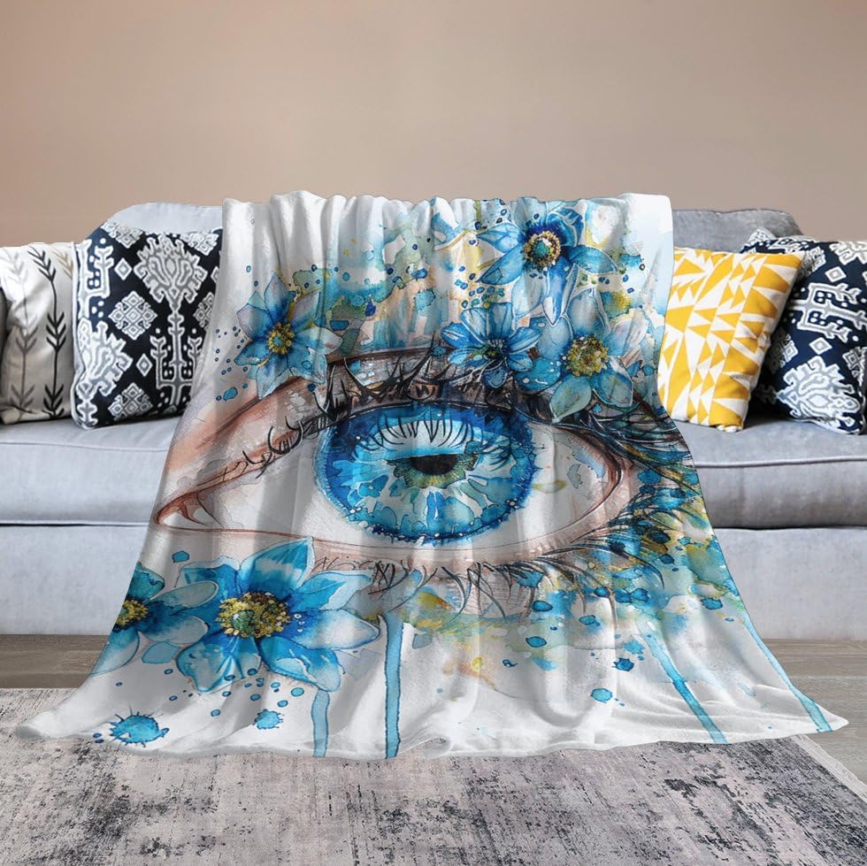 Couverture micro polaire yeux fleurs bleues en flanelle de 152x203 cm pour lit