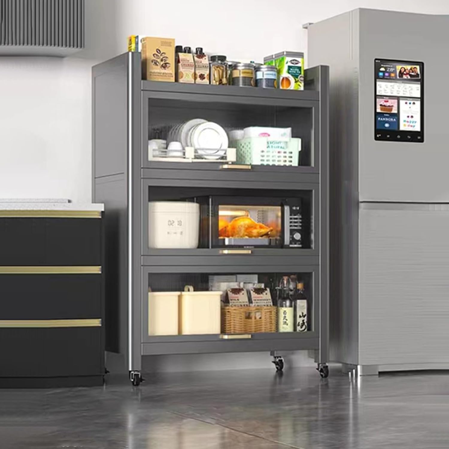 Microwave Stand Rack with Storage Cabinet, Kitchen Organizer Shelf with Casters, Bakers Rack with Flip Door, Ideal for Kitchen & Dining Room Space-Saving Solution