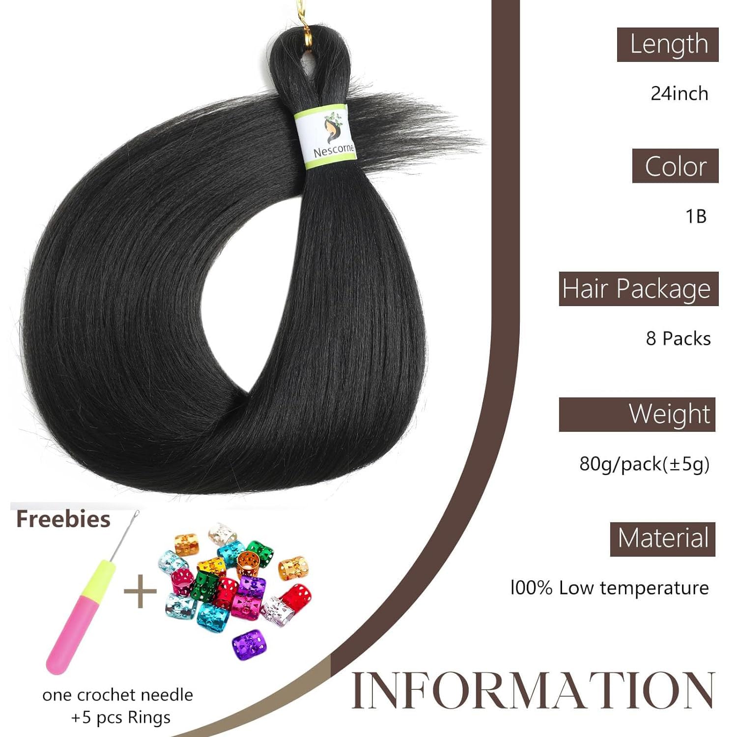 Braiding Hair Pre Stretched, 24inch 8 Pack Black Pre Stretched Braiding Hair for Women, Yaki Straight Texture for Boho Twist Crochet Braids Hair (1B, 24Inch (Pack of 8))